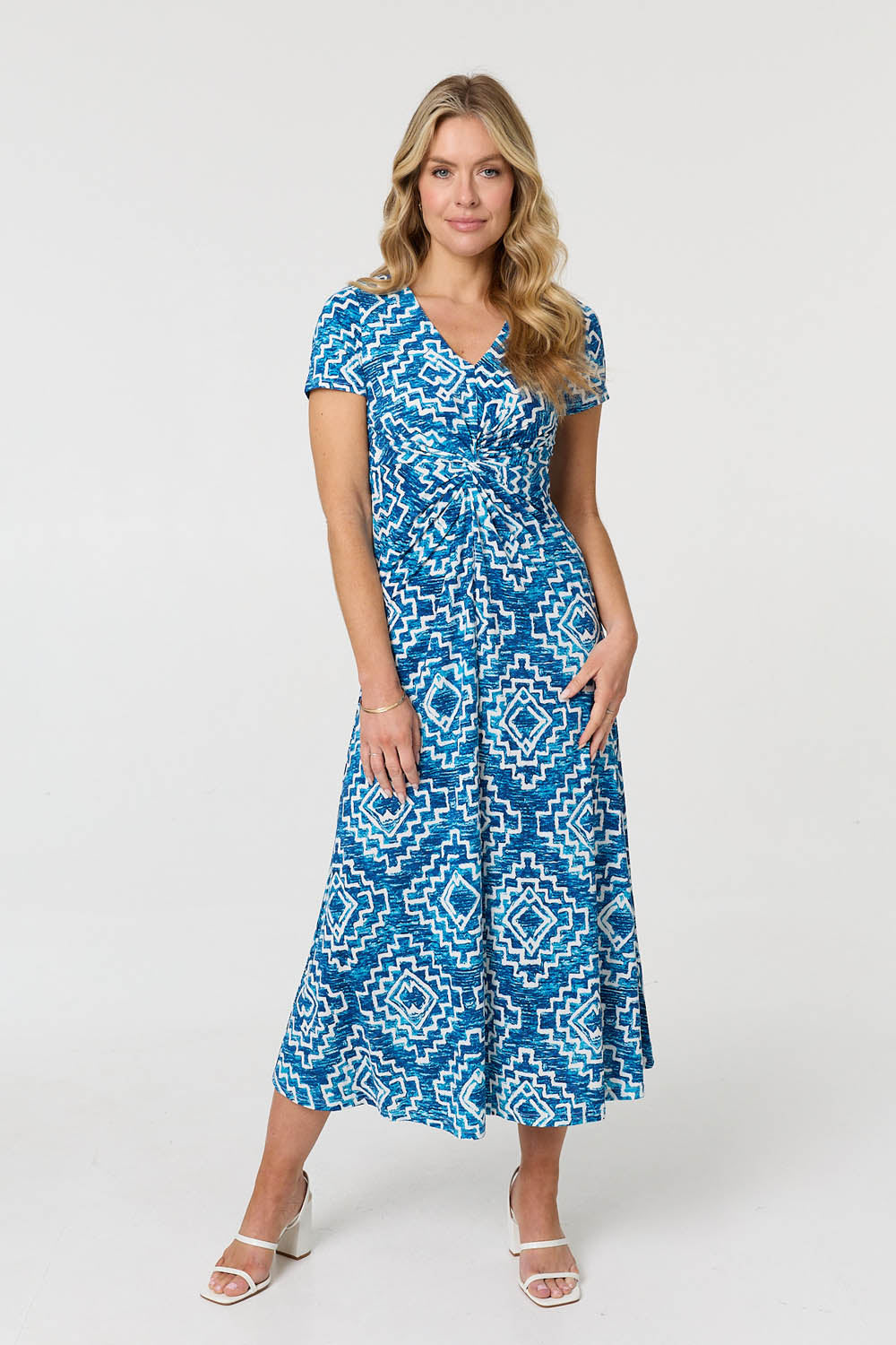Geo Print Twist Front Midi Dress Front View