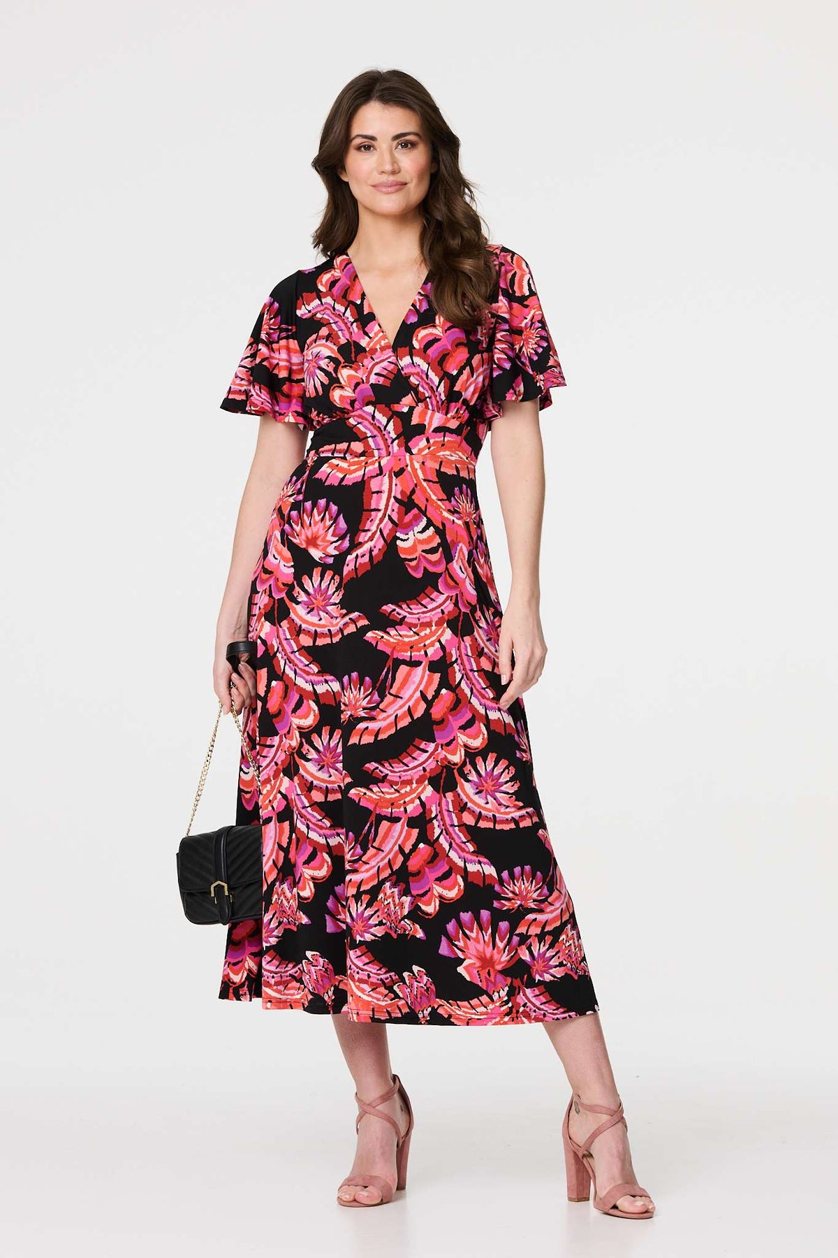 Printed Angel Sleeve Midi Dress Front View