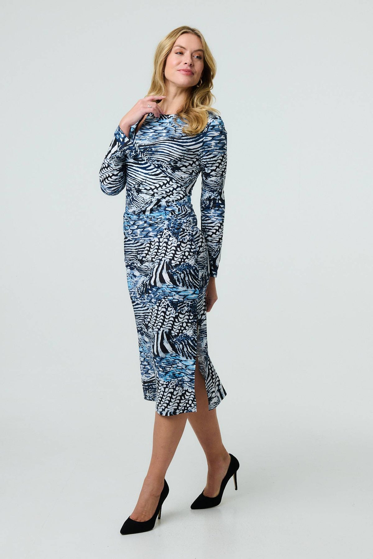 Animal Print Cut Out Detail Bodycon Midi Dress Styled View