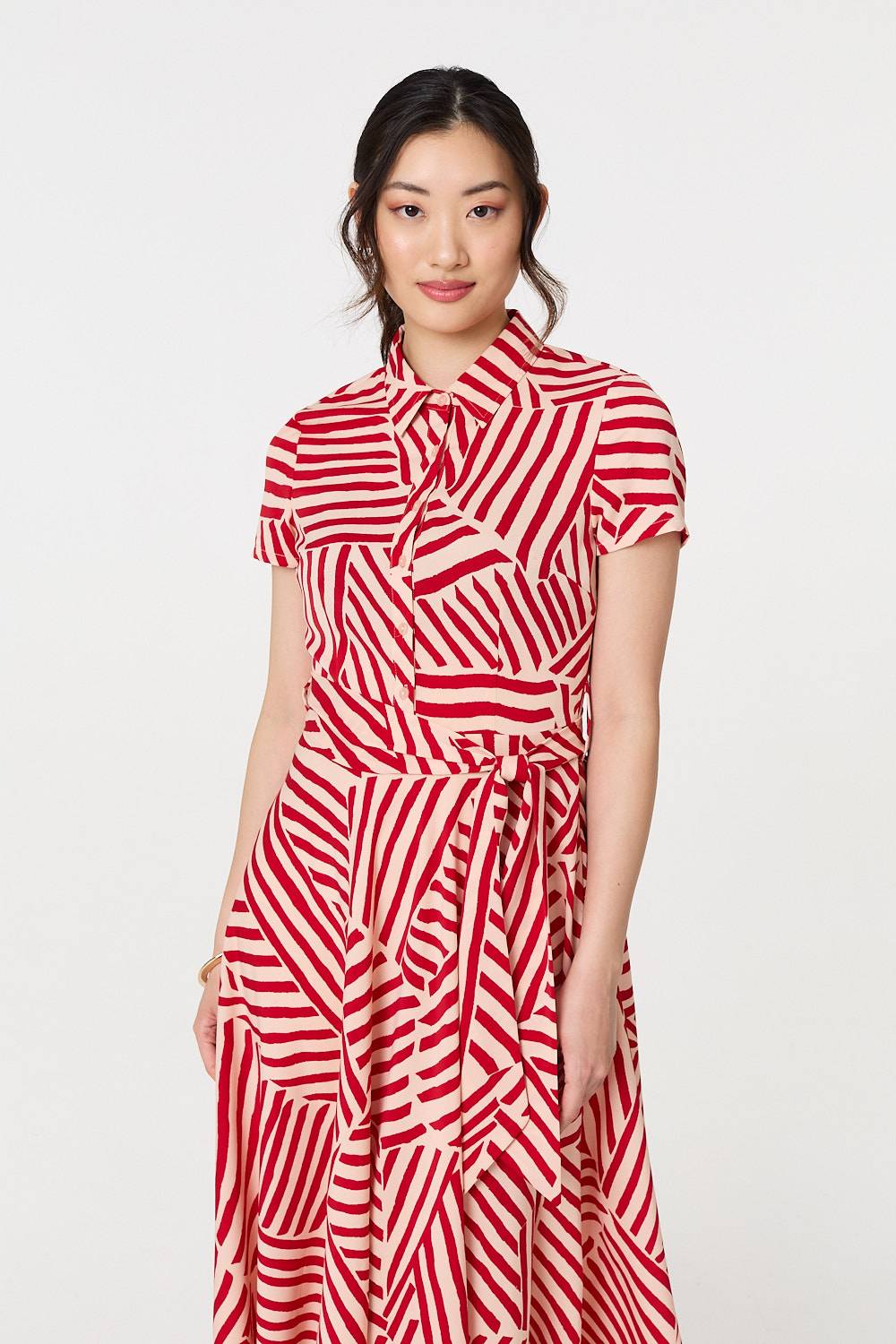 Striped Tie Waist Midi Shirt Dress Detail View