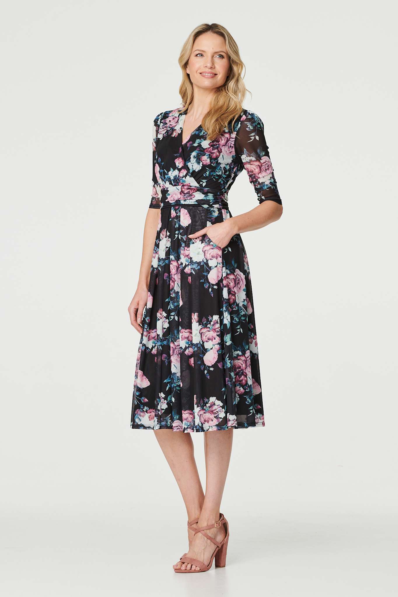 Floral Ruched Midi Tea Dress Styled View