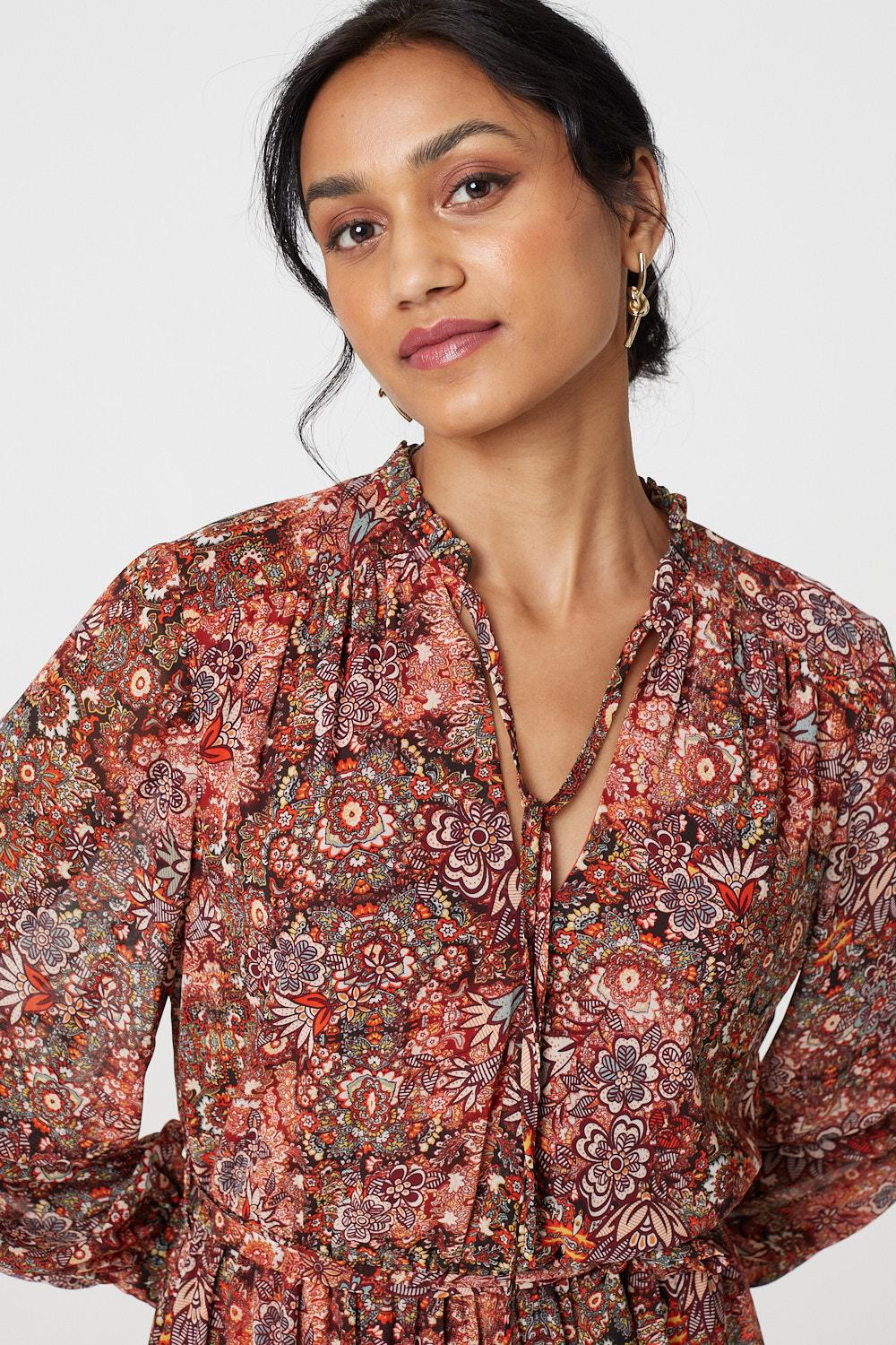 Floral Paisley Semi Sheer Midi Dress Full Length View