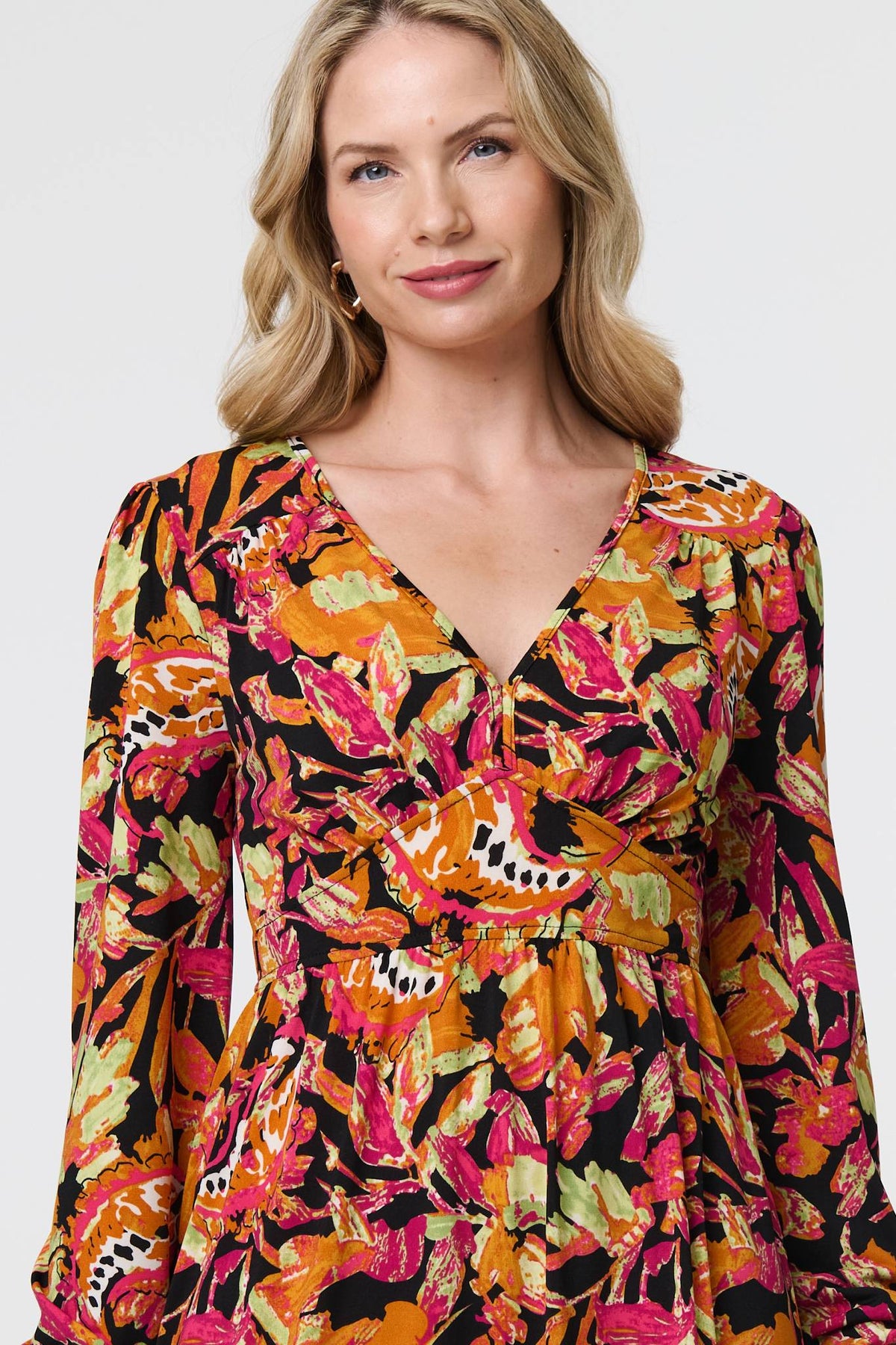 Tropical Floral Print Long Sleeve Midi Dress Detail View