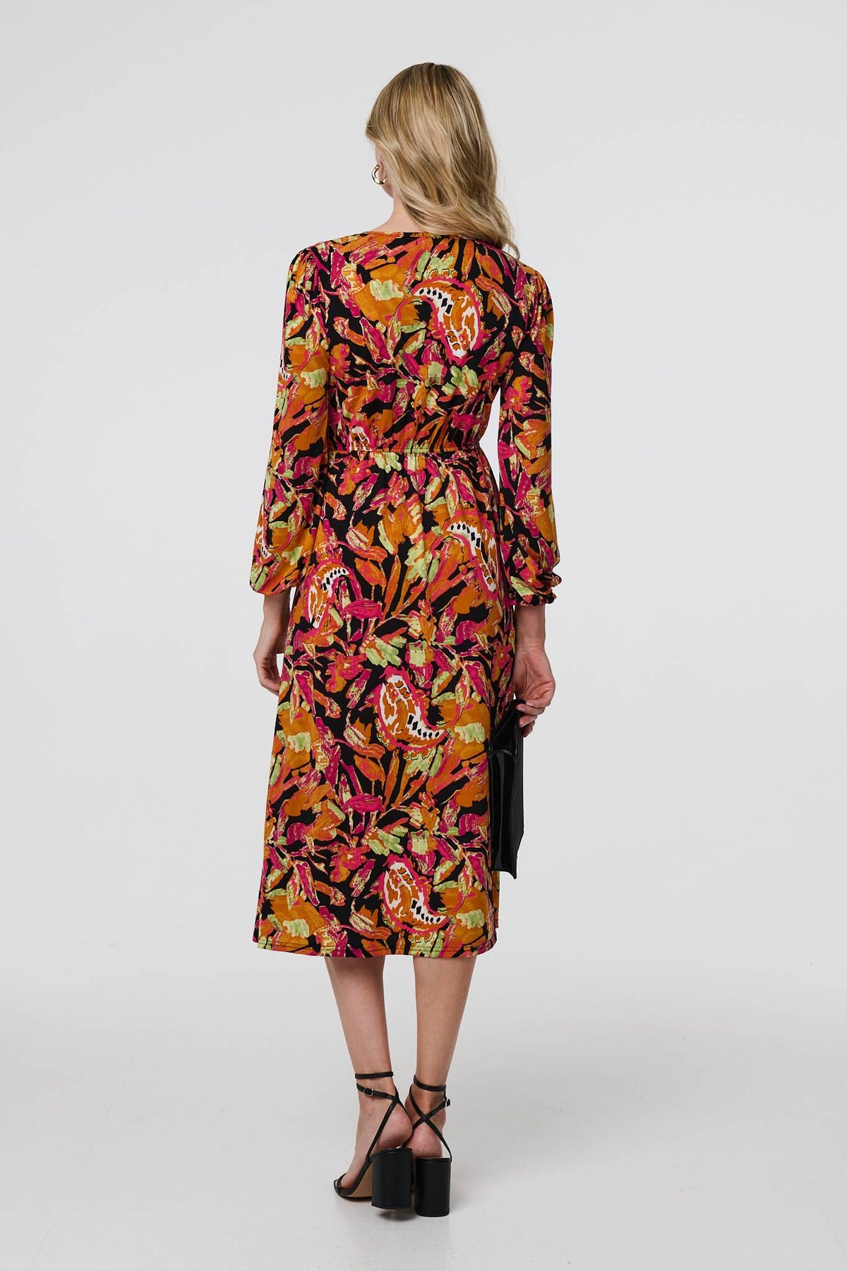Tropical Floral Print Long Sleeve Midi Dress Side View
