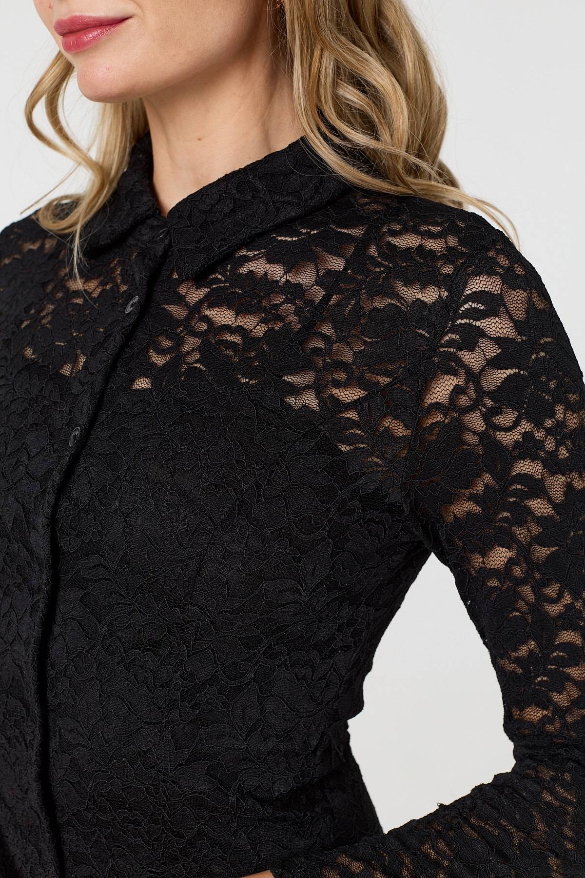 Lace Layer Long Sleeve Mini Shirt Dress Detail View