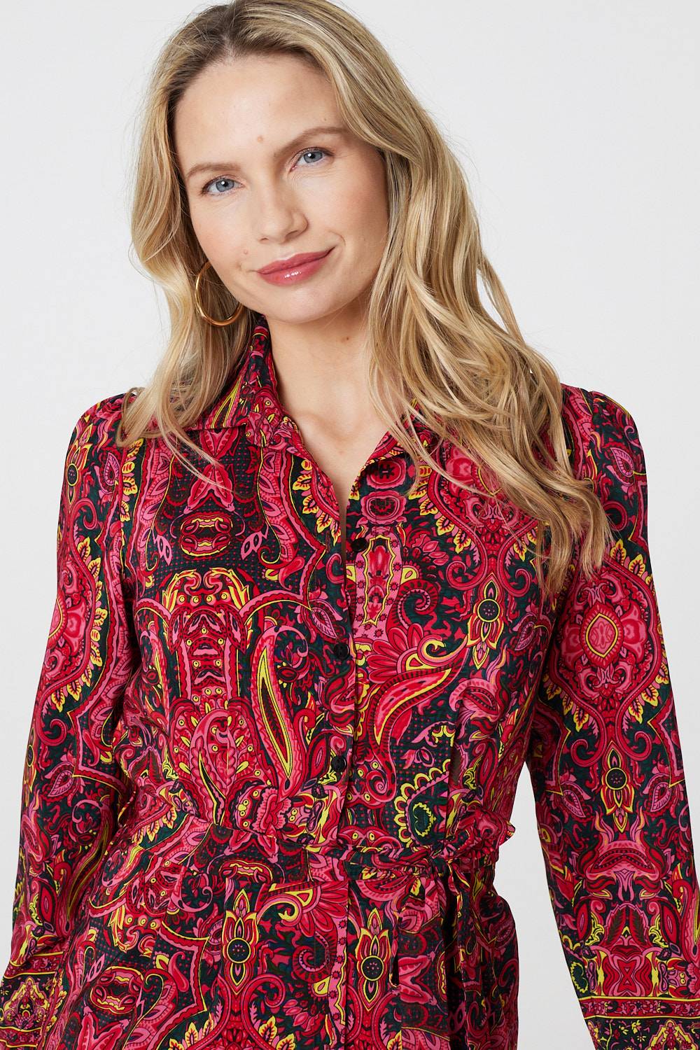 Mosaic Print Long Sleeve Short Shirt Dress Detail View
