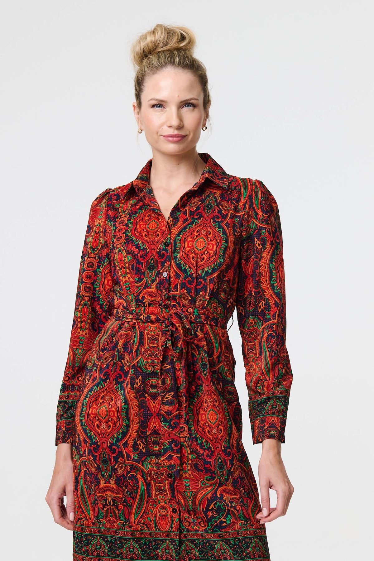 Mosaic Print Long Sleeve Short Shirt Dress Side View 2