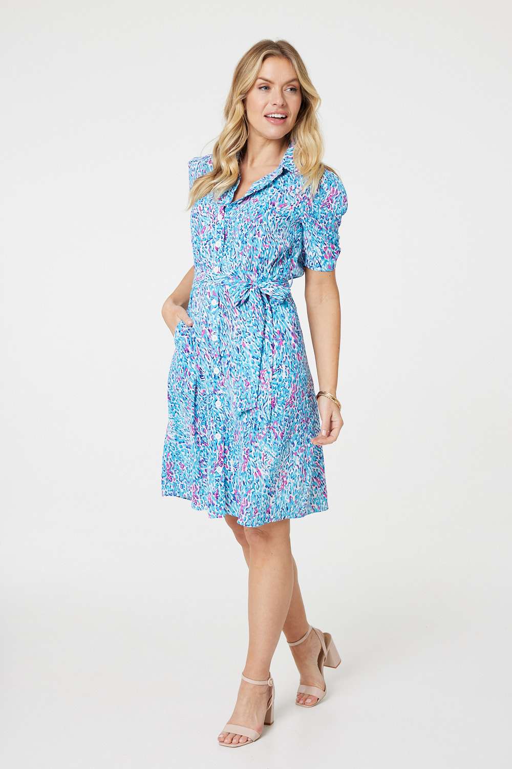 Printed Tie Waist Short Shirt Dress Front View 2