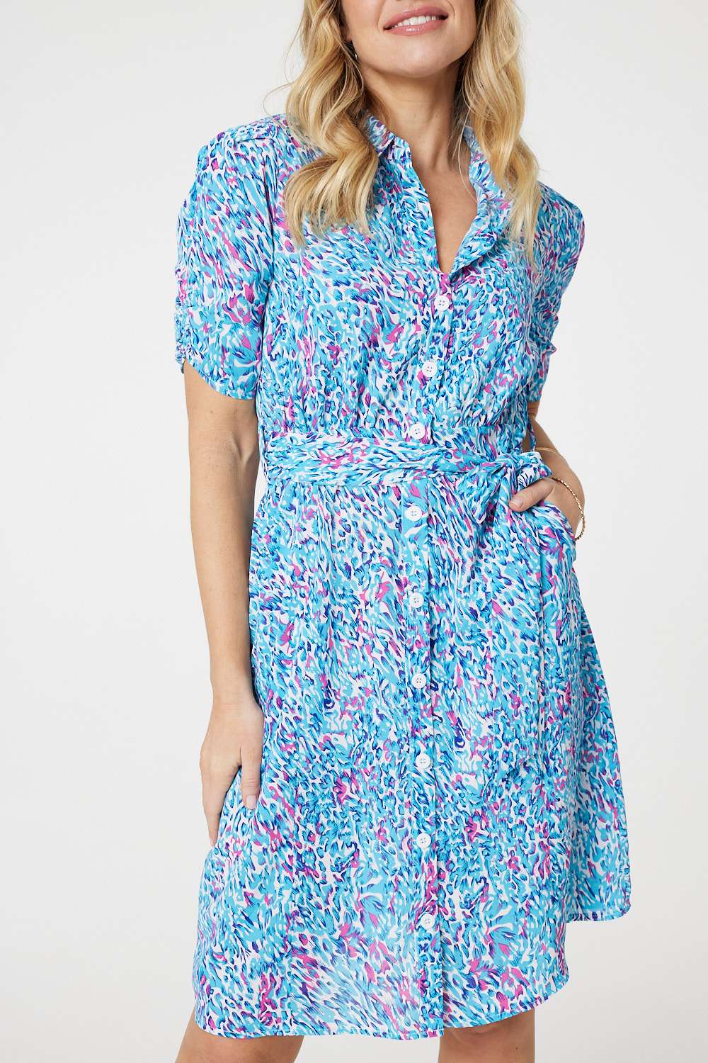 Printed Tie Waist Short Shirt Dress Detail View