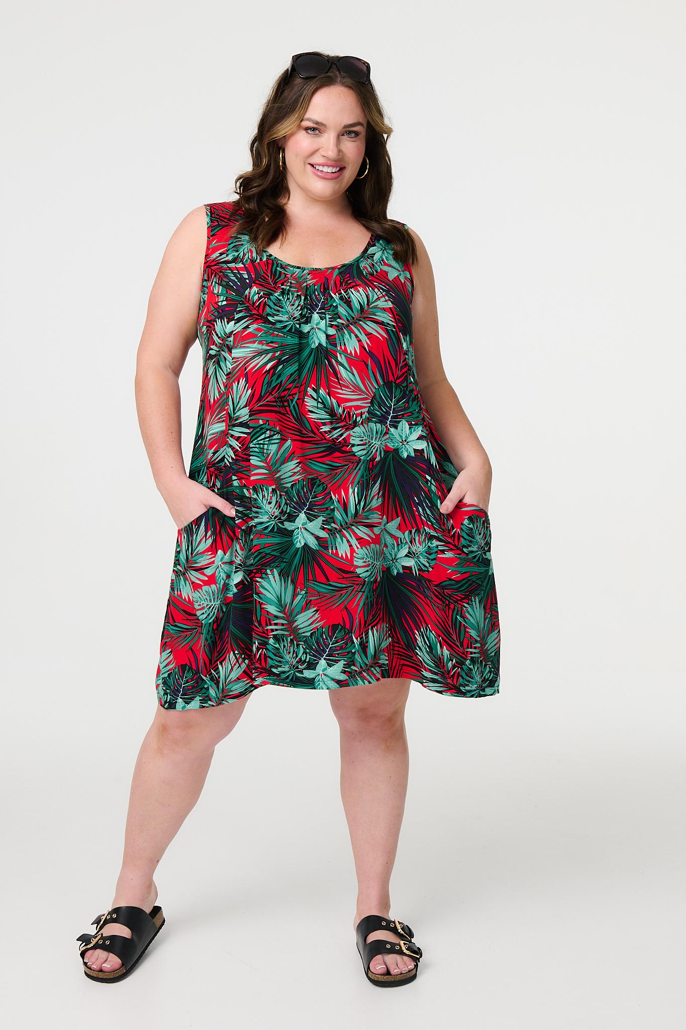 Leaf Print Sleeveless Tunic Dress Front View