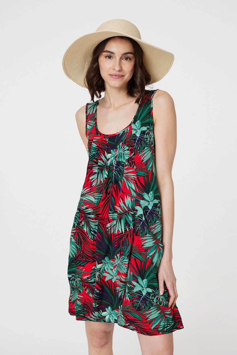 Leaf Print Sleeveless Tunic Dress Styled View 2