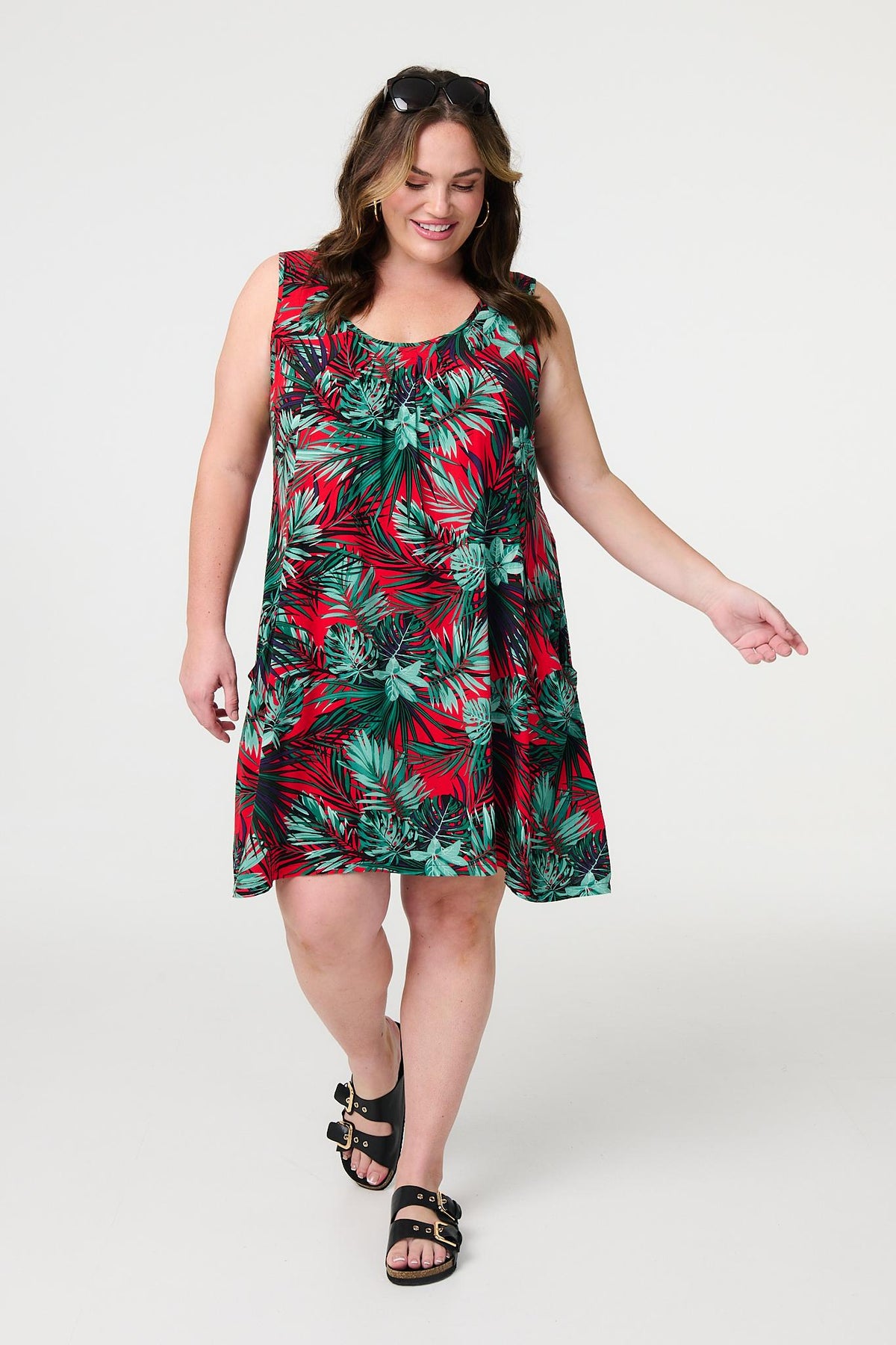 Leaf Print Sleeveless Tunic Dress Detail View