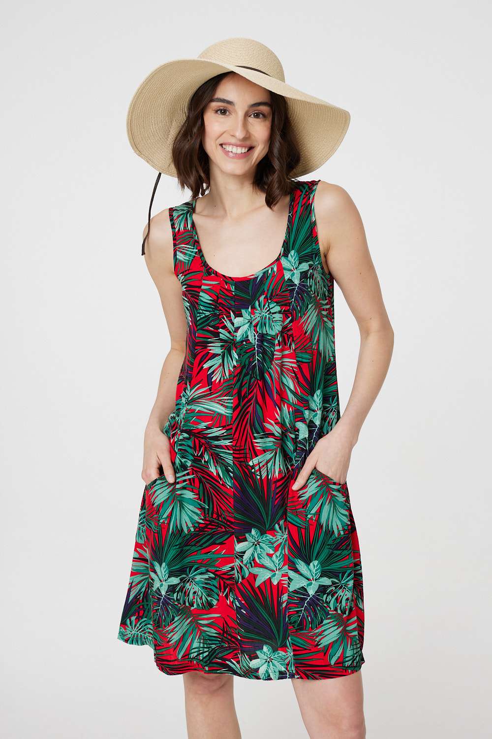 Leaf Print Sleeveless Tunic Dress Front View 2