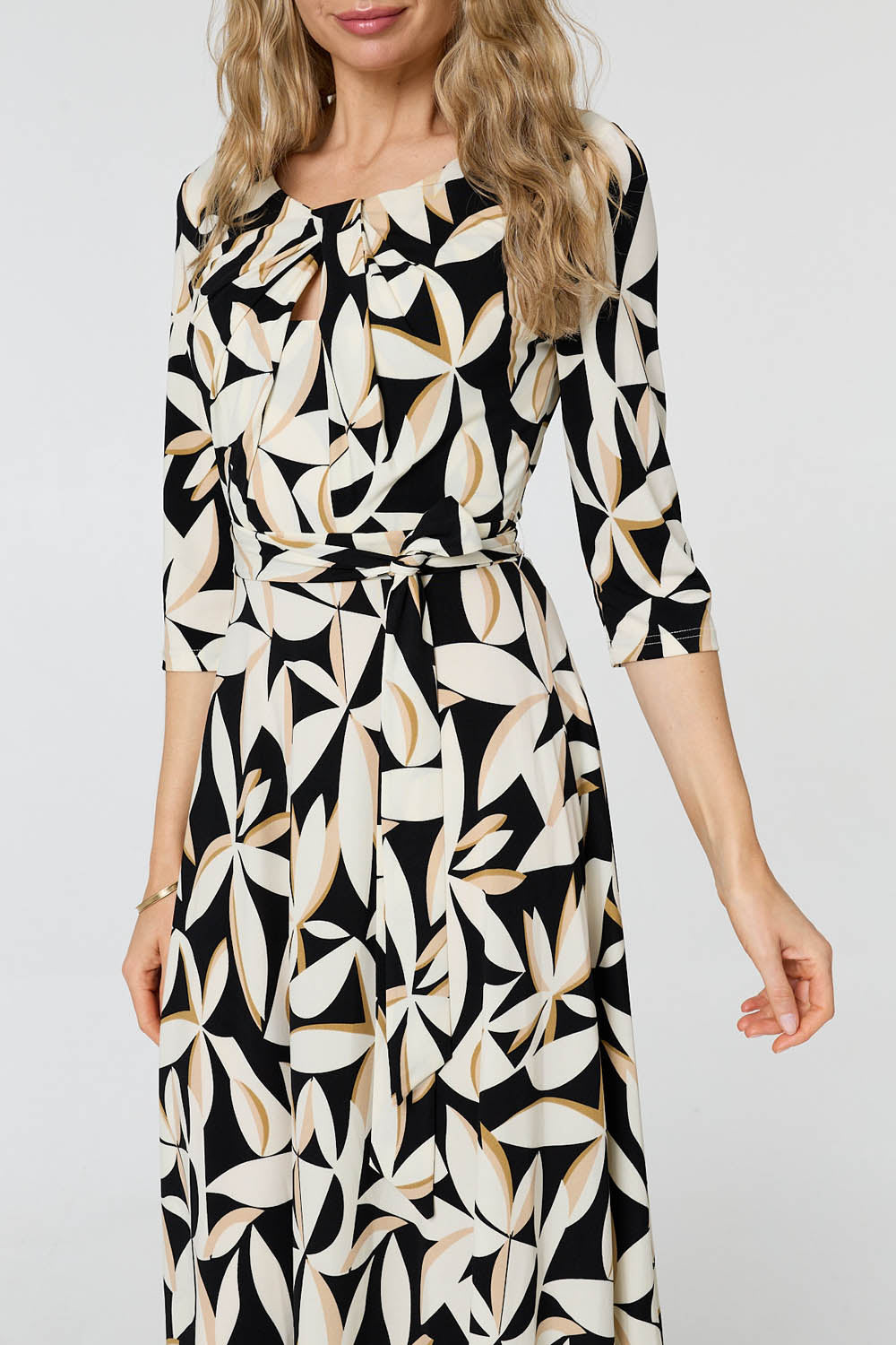 Leaf Print 3/4 Sleeve Midi Tie Dress Full Length View