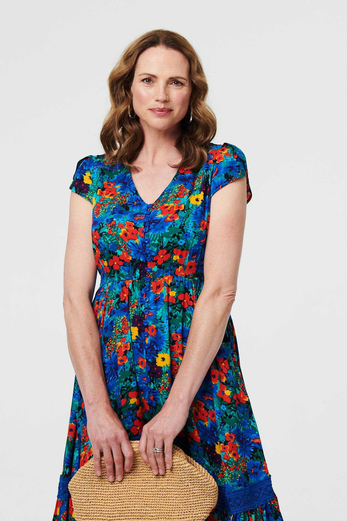Floral Lace Trim Cap Sleeve Midi Dress Styled View