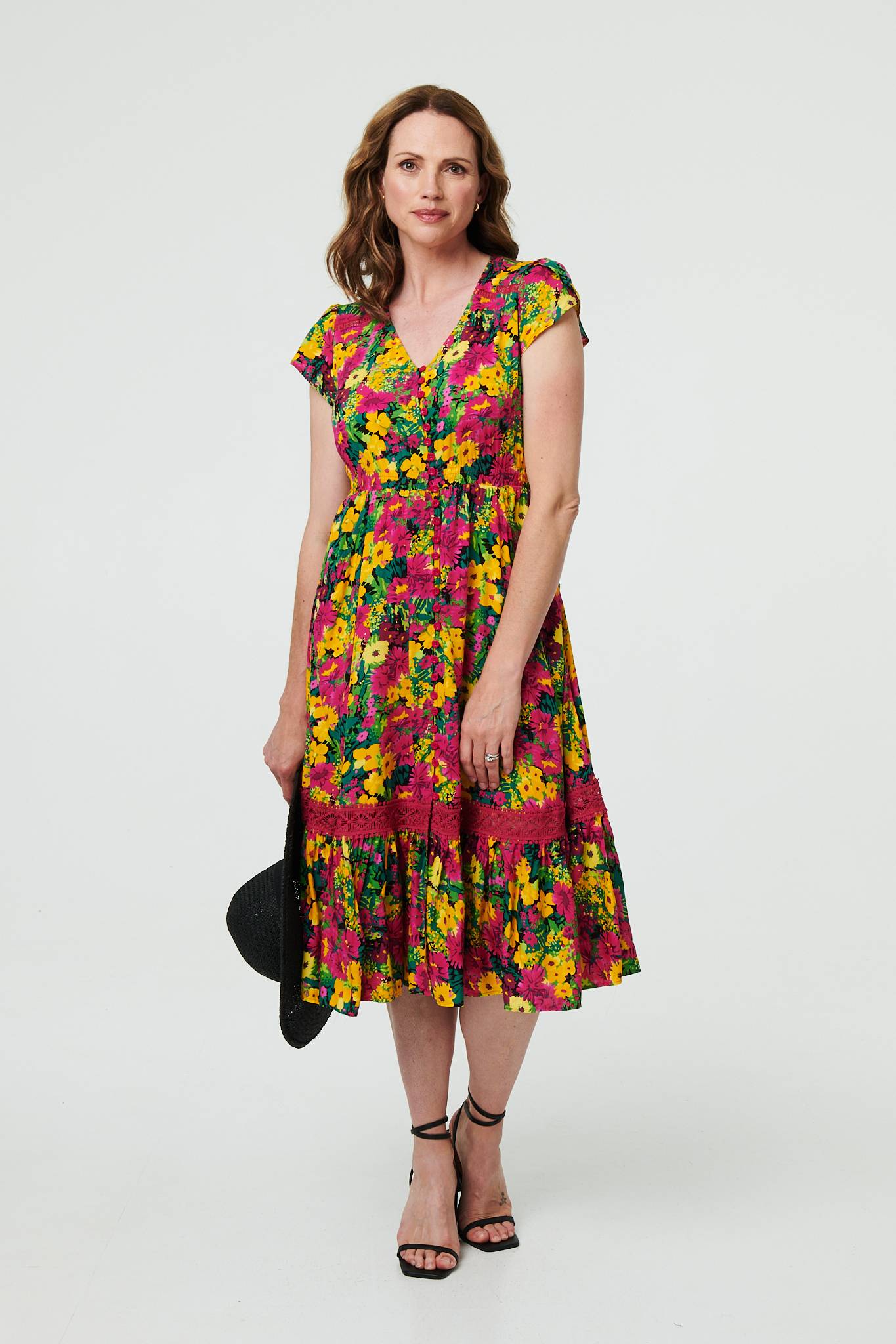 Floral Lace Trim Cap Sleeve Midi Dress Front View 2