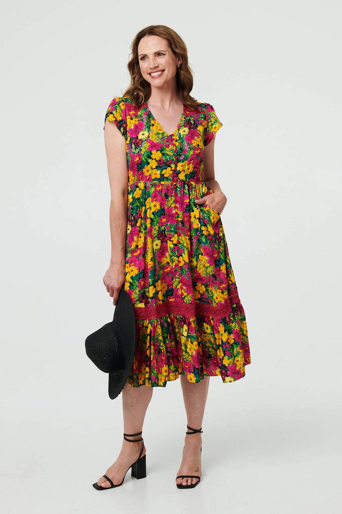 Floral Lace Trim Cap Sleeve Midi Dress Full Length View 2