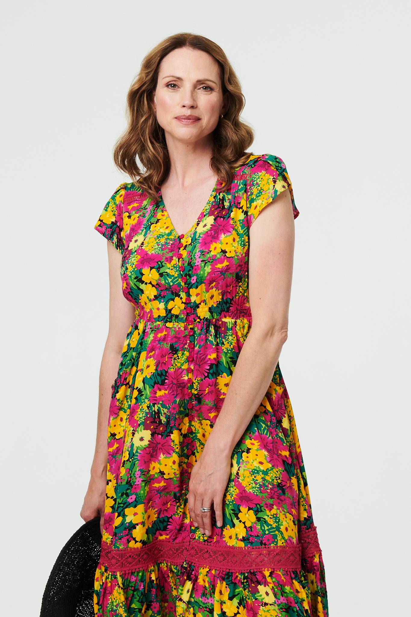 Floral Lace Trim Cap Sleeve Midi Dress Detail View 2