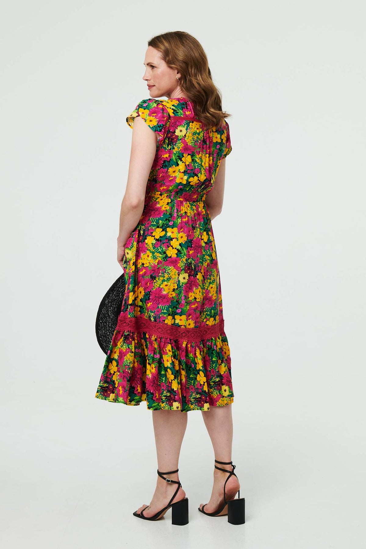 Floral Lace Trim Cap Sleeve Midi Dress Side View 2