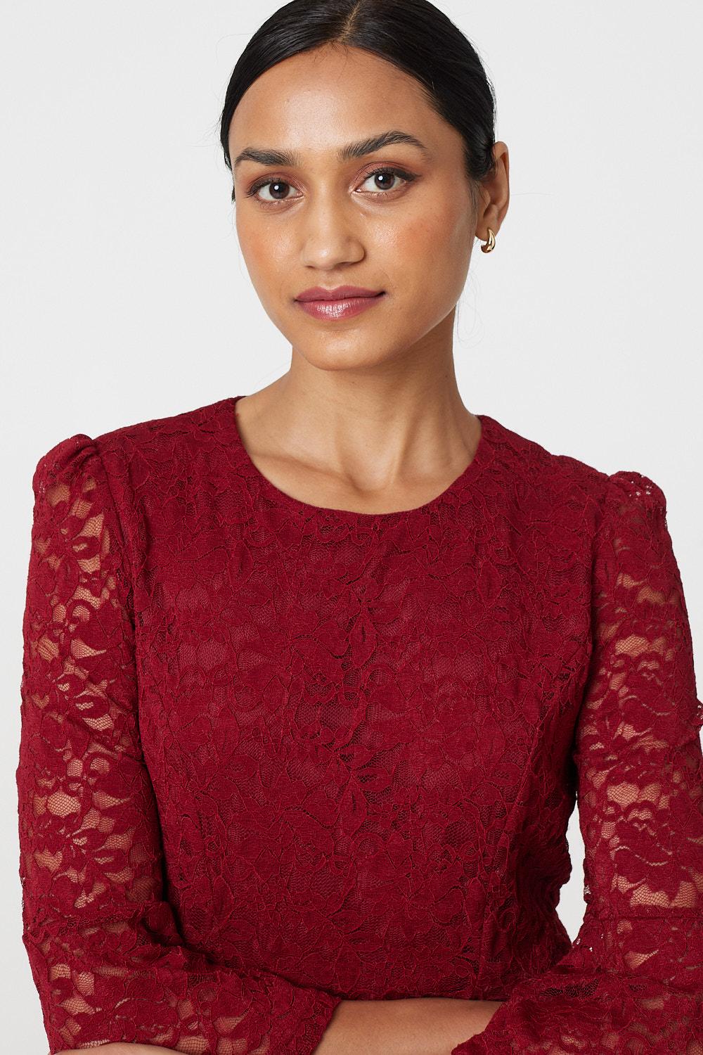 Lace Semi Sheer 3/4 Flute Sleeve Midi Dress Side View 2