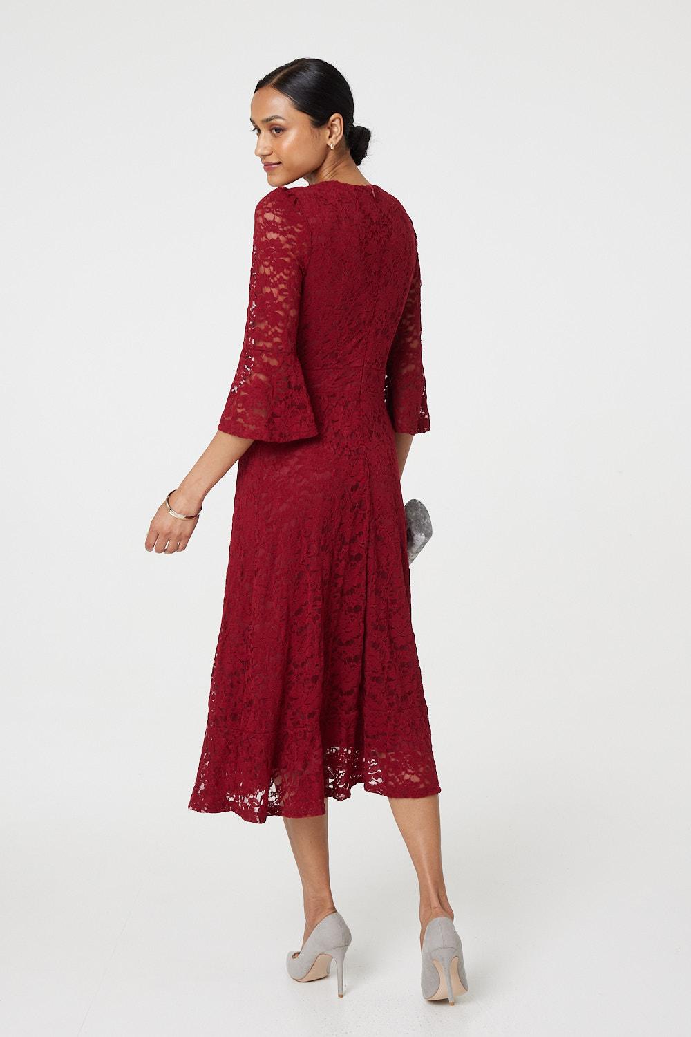 Lace Semi Sheer 3/4 Flute Sleeve Midi Dress Side View
