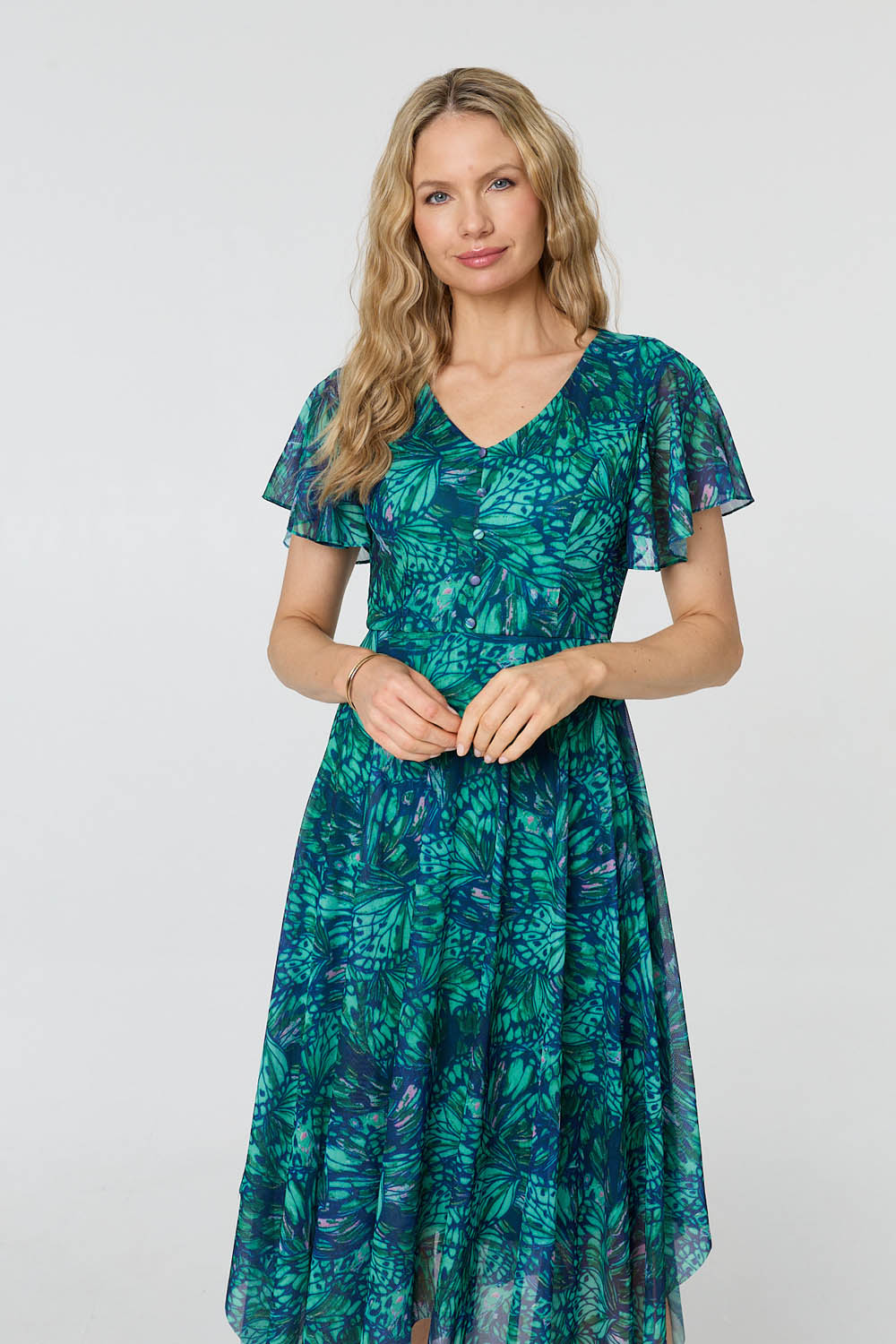 Printed Semi Sheer Hanky Hem Midi Dress Back View