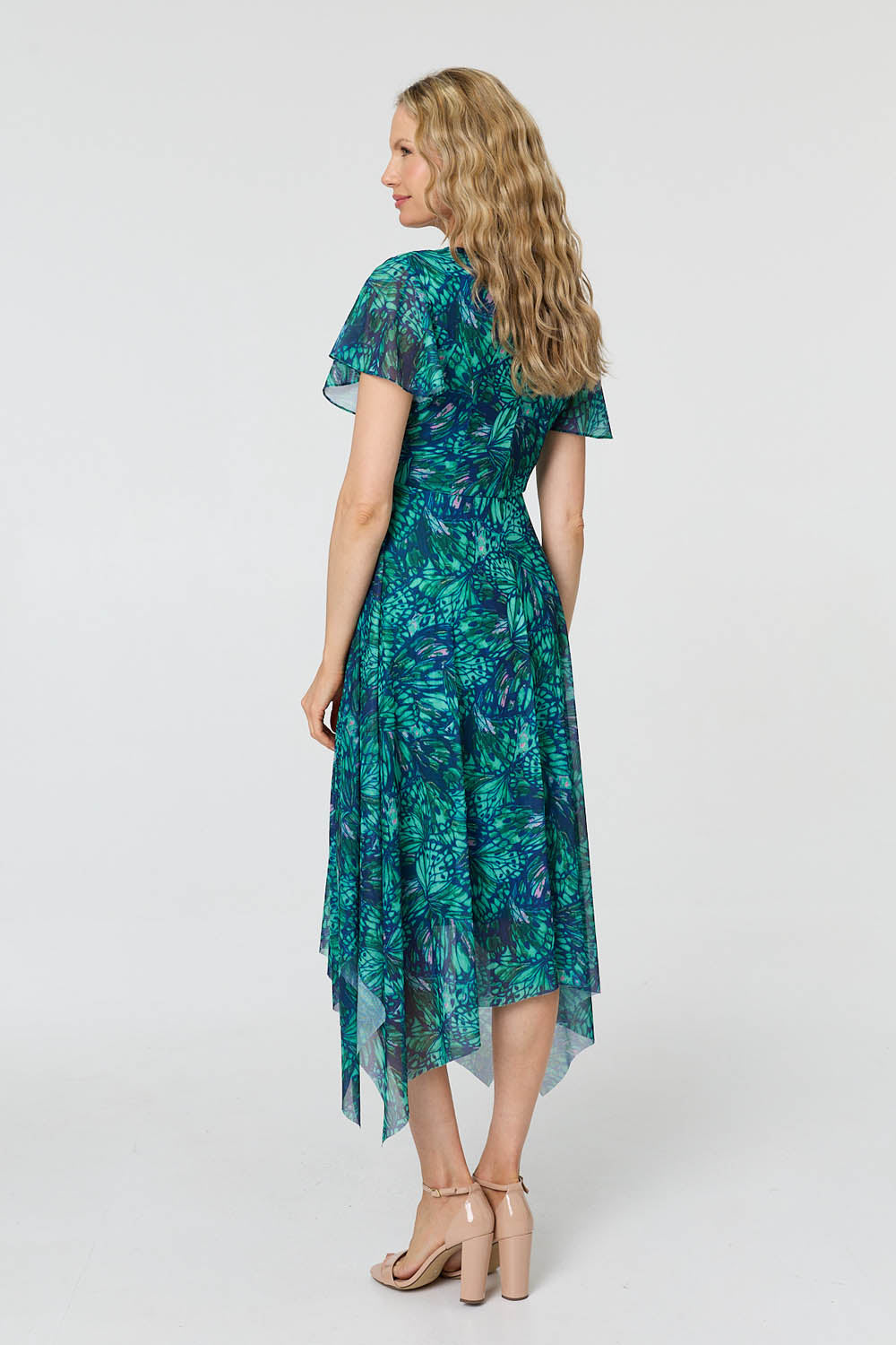Printed Semi Sheer Hanky Hem Midi Dress Side View