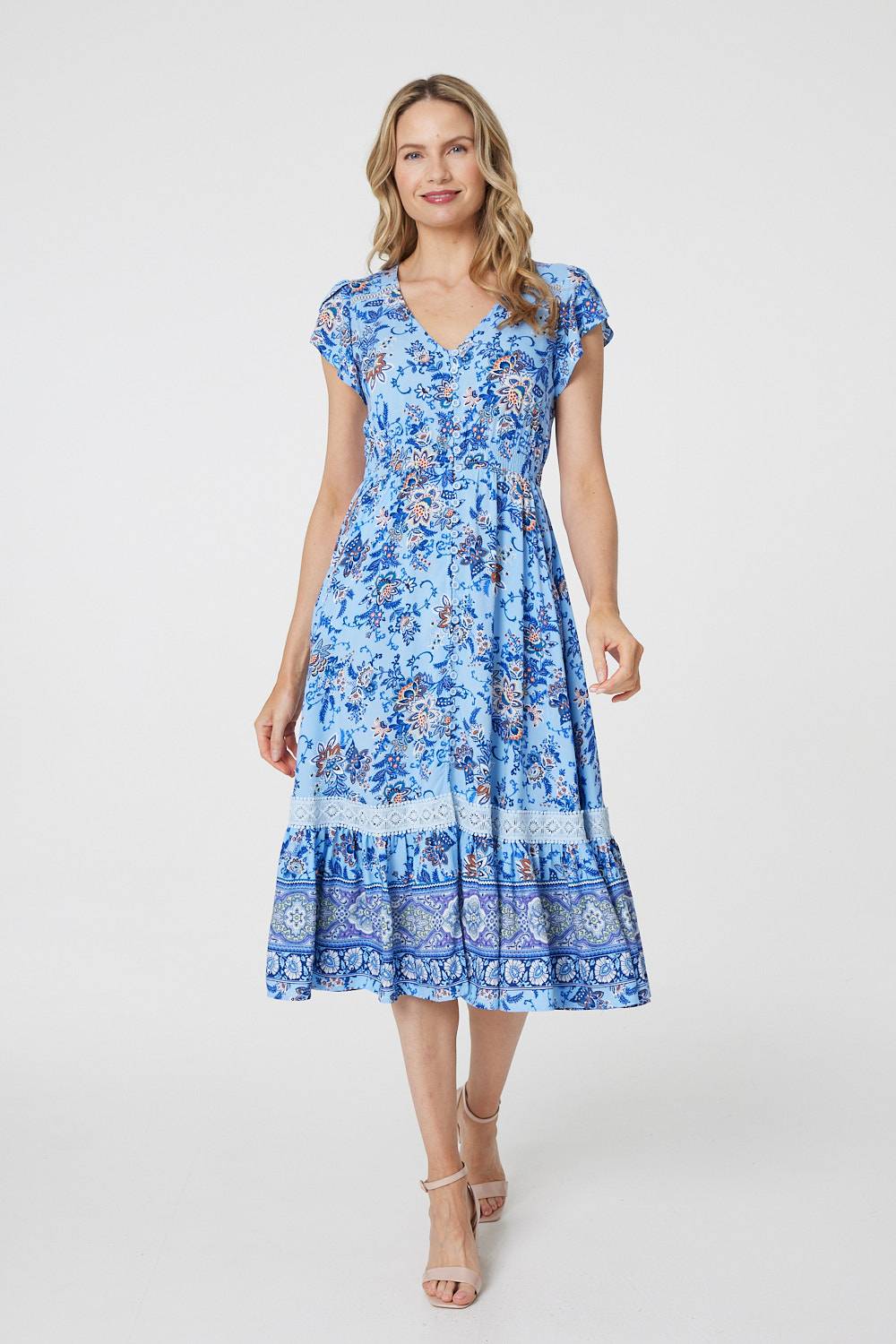 Floral Cap Sleeve Lace Trim Midi Dress Front View