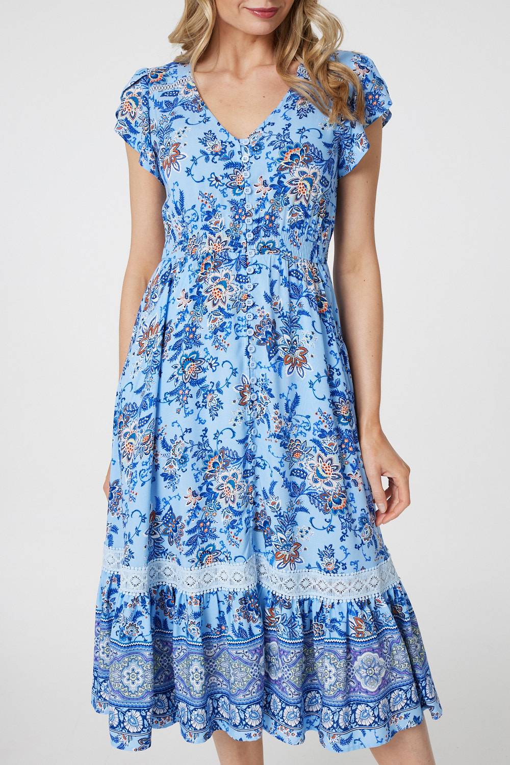 Floral Cap Sleeve Lace Trim Midi Dress Detail View