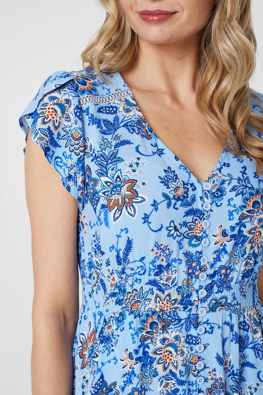 Floral Cap Sleeve Lace Trim Midi Dress Full Length View