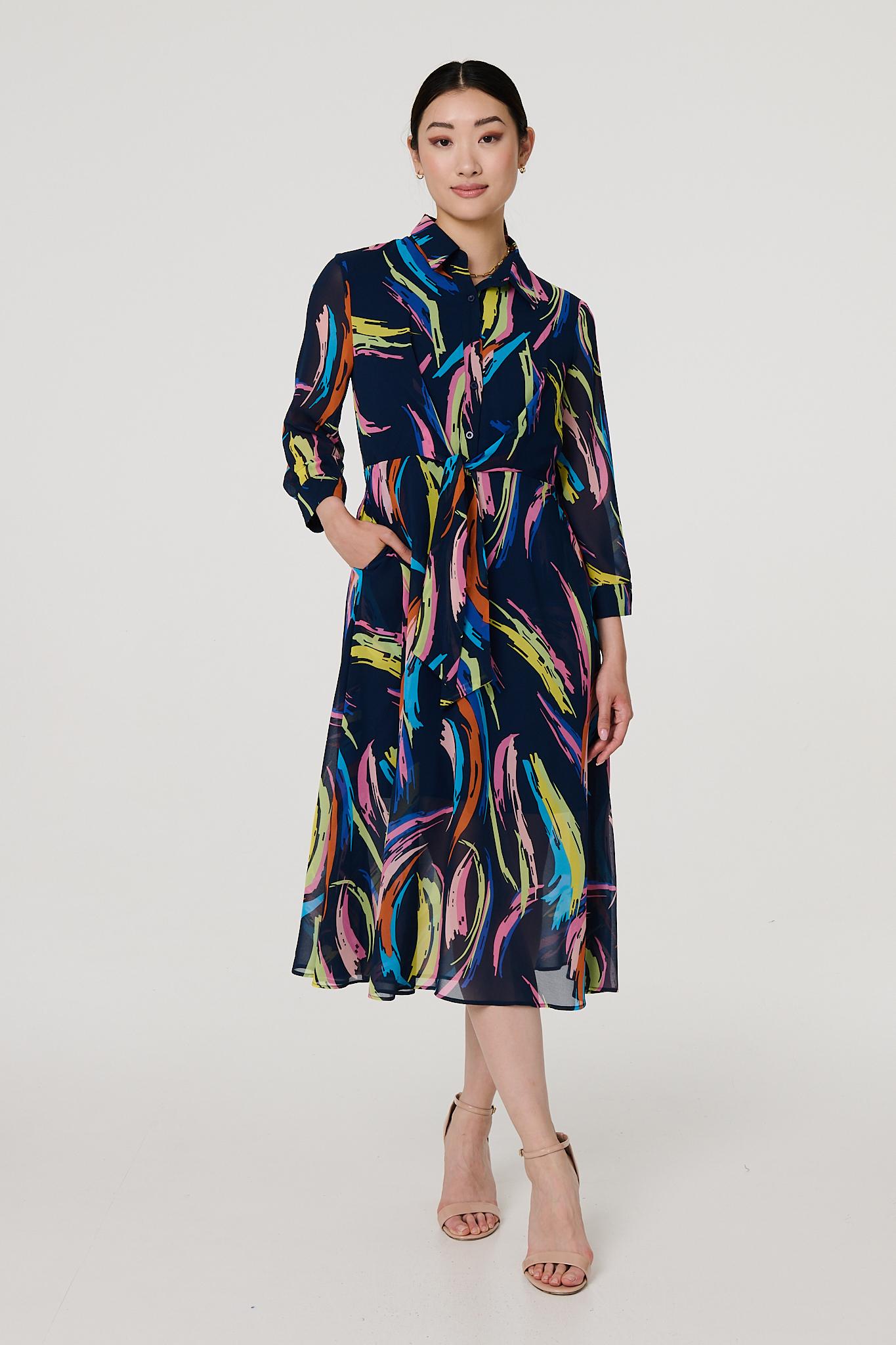 Abstract Tie Front Midi Shirt Dress Styled View