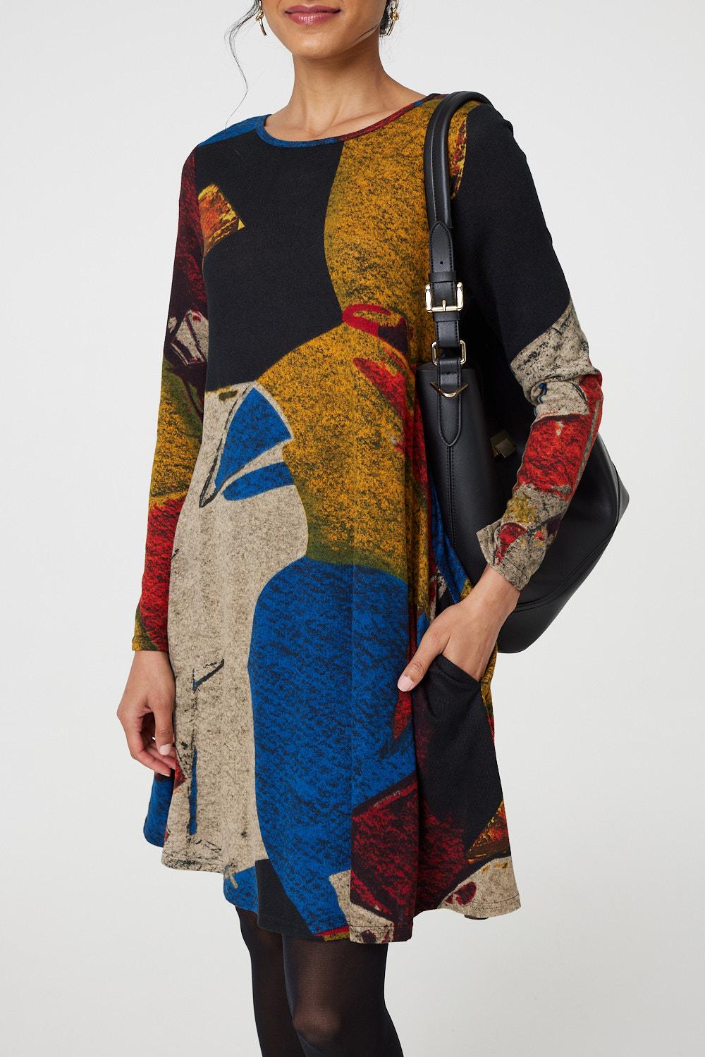 Abstract Print Long Sleeve Short Swing Dress Side View