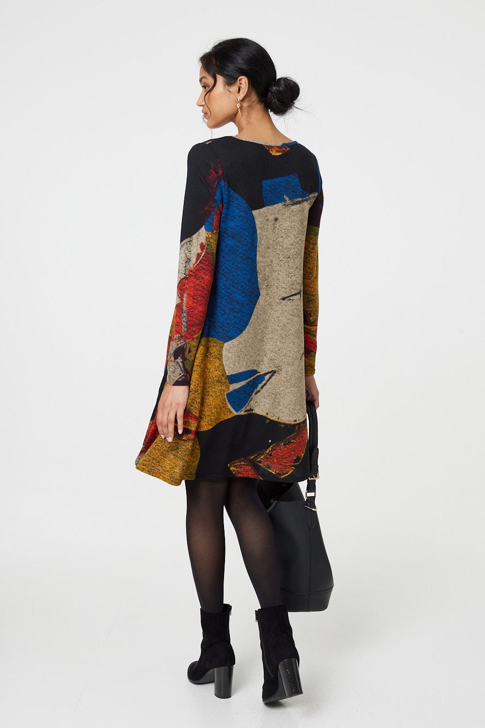 Abstract Print Long Sleeve Short Swing Dress Back View
