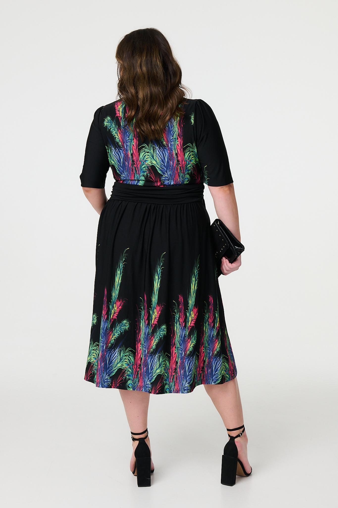 Feather Print Faux Wrap Front Midi Dress Back View