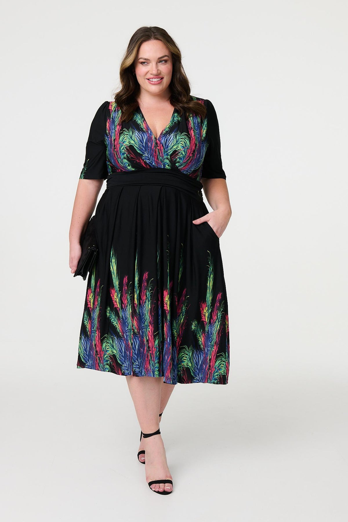 Feather Print Faux Wrap Front Midi Dress Styled View