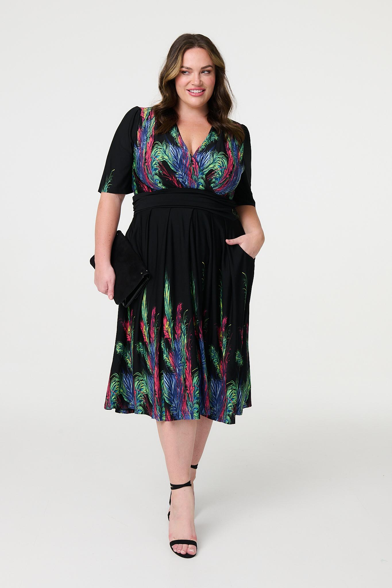 Feather Print Faux Wrap Front Midi Dress Front View