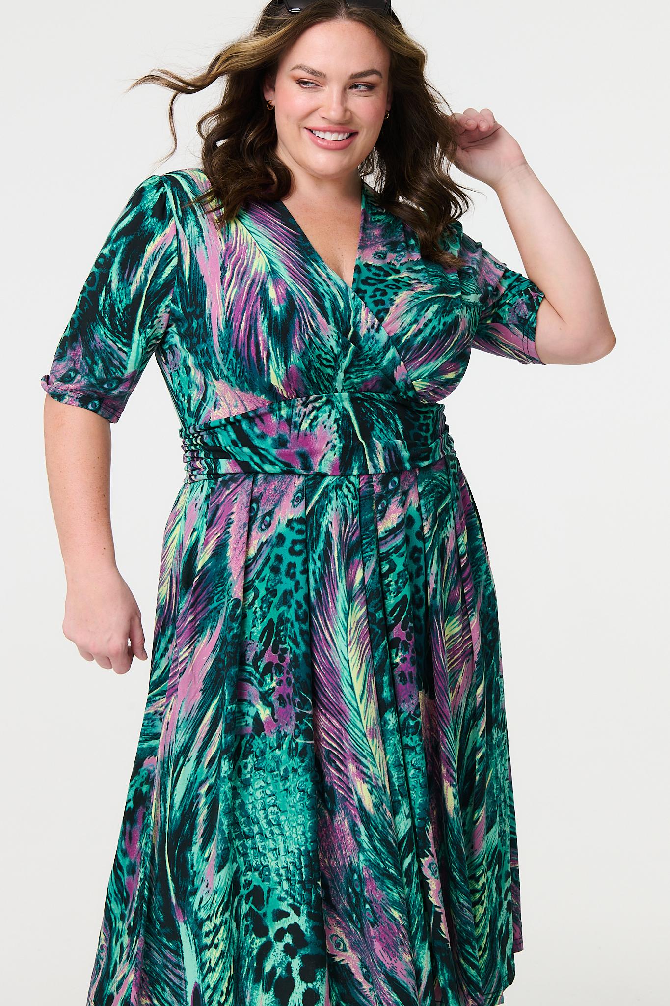 Feather Print 1/2 Sleeve Wrap Midi Dress Side View