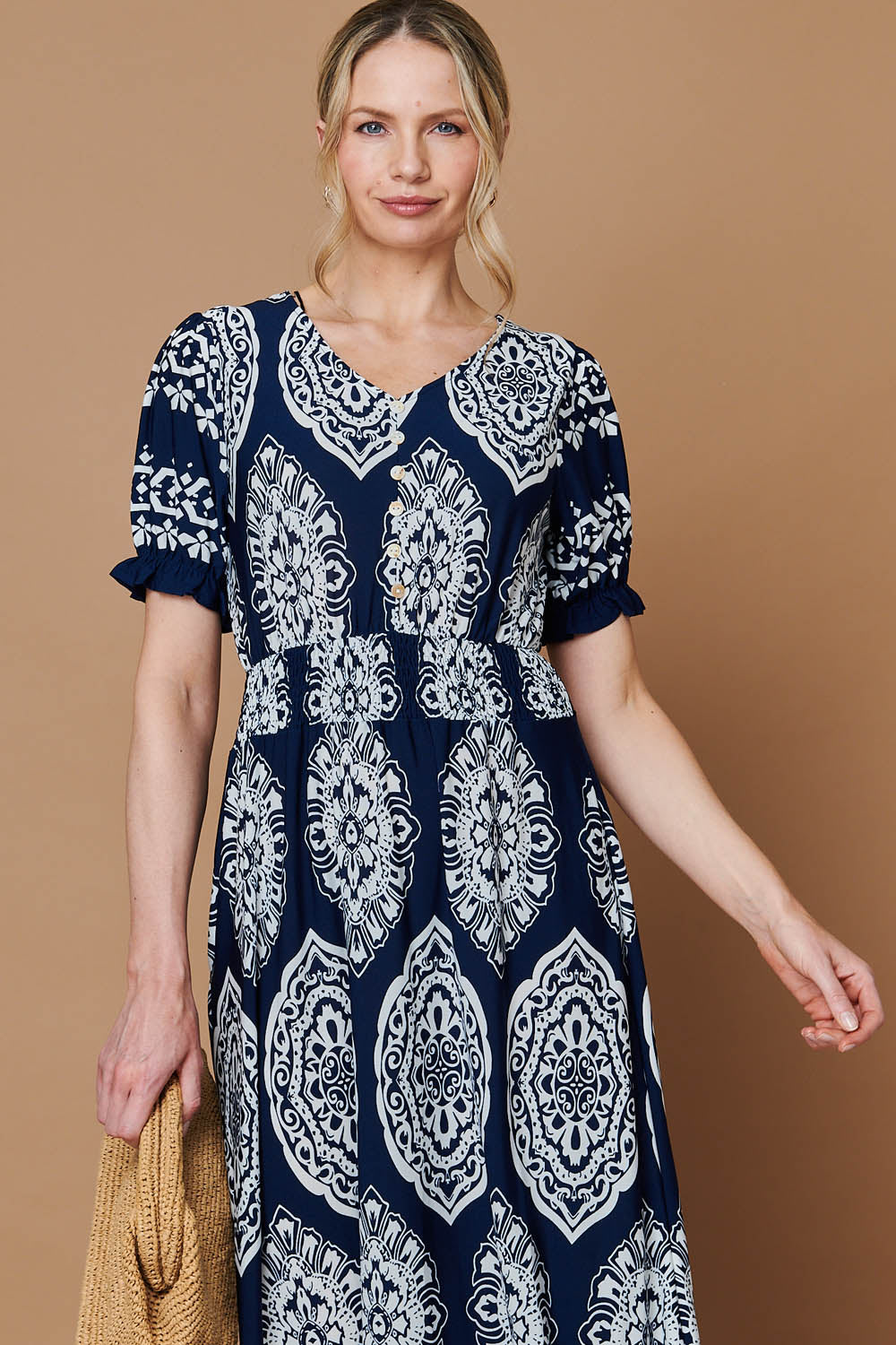 Printed Shirred Puff Sleeve Maxi Dress Styled View