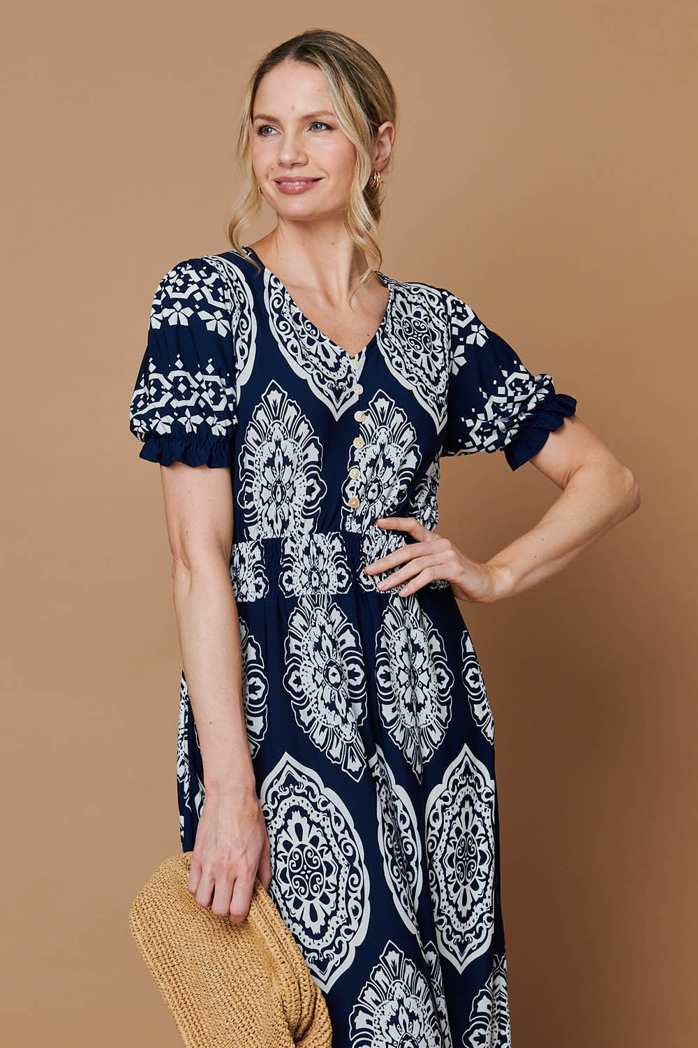 Printed Shirred Puff Sleeve Maxi Dress Back View
