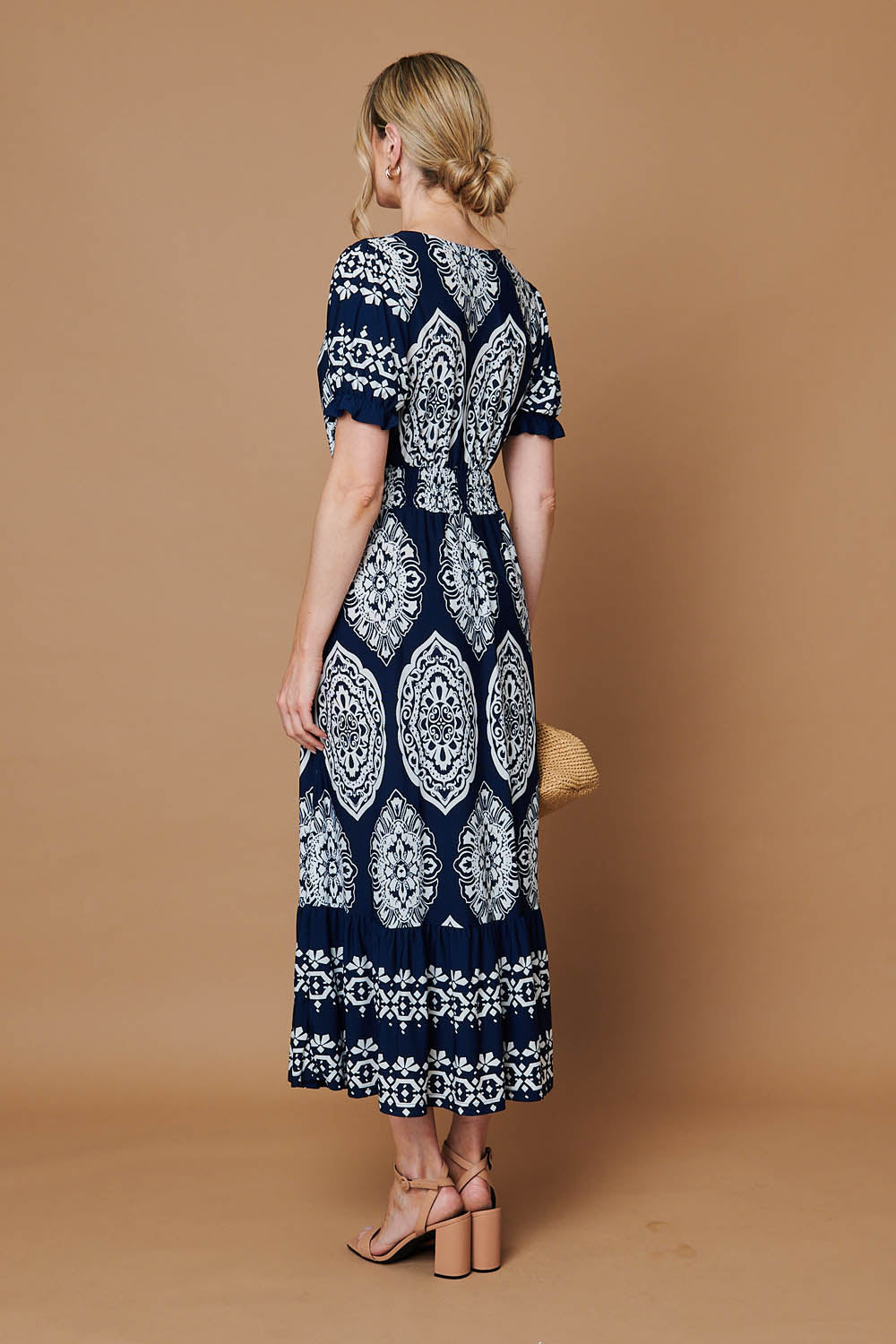 Printed Shirred Puff Sleeve Maxi Dress Side View