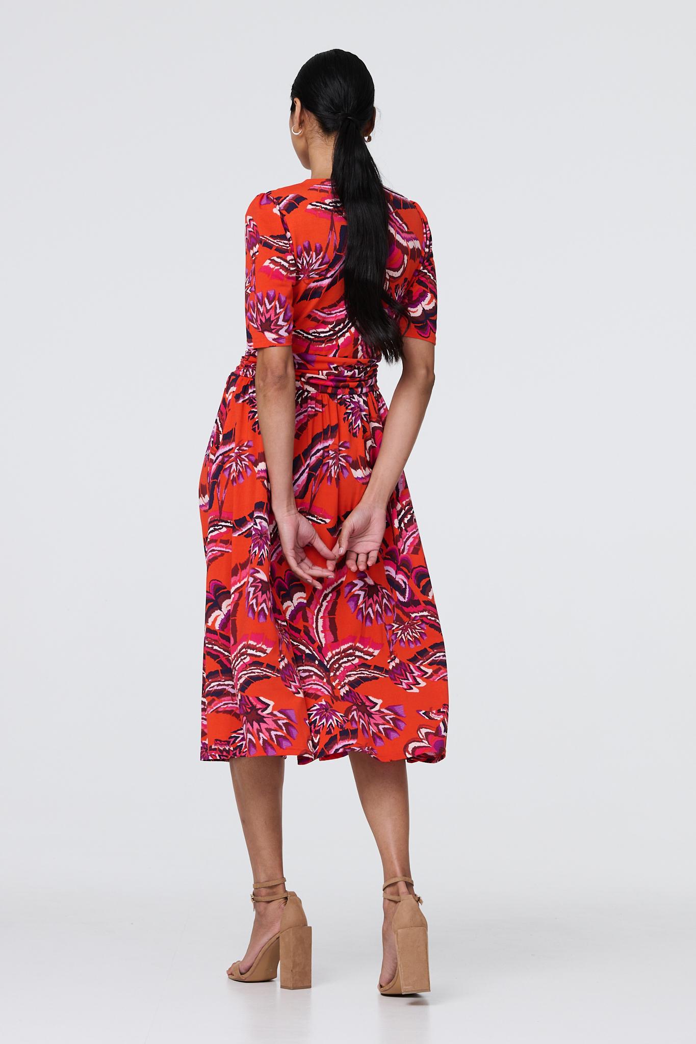 Tropical Print Faux Wrap Midi Dress Side View