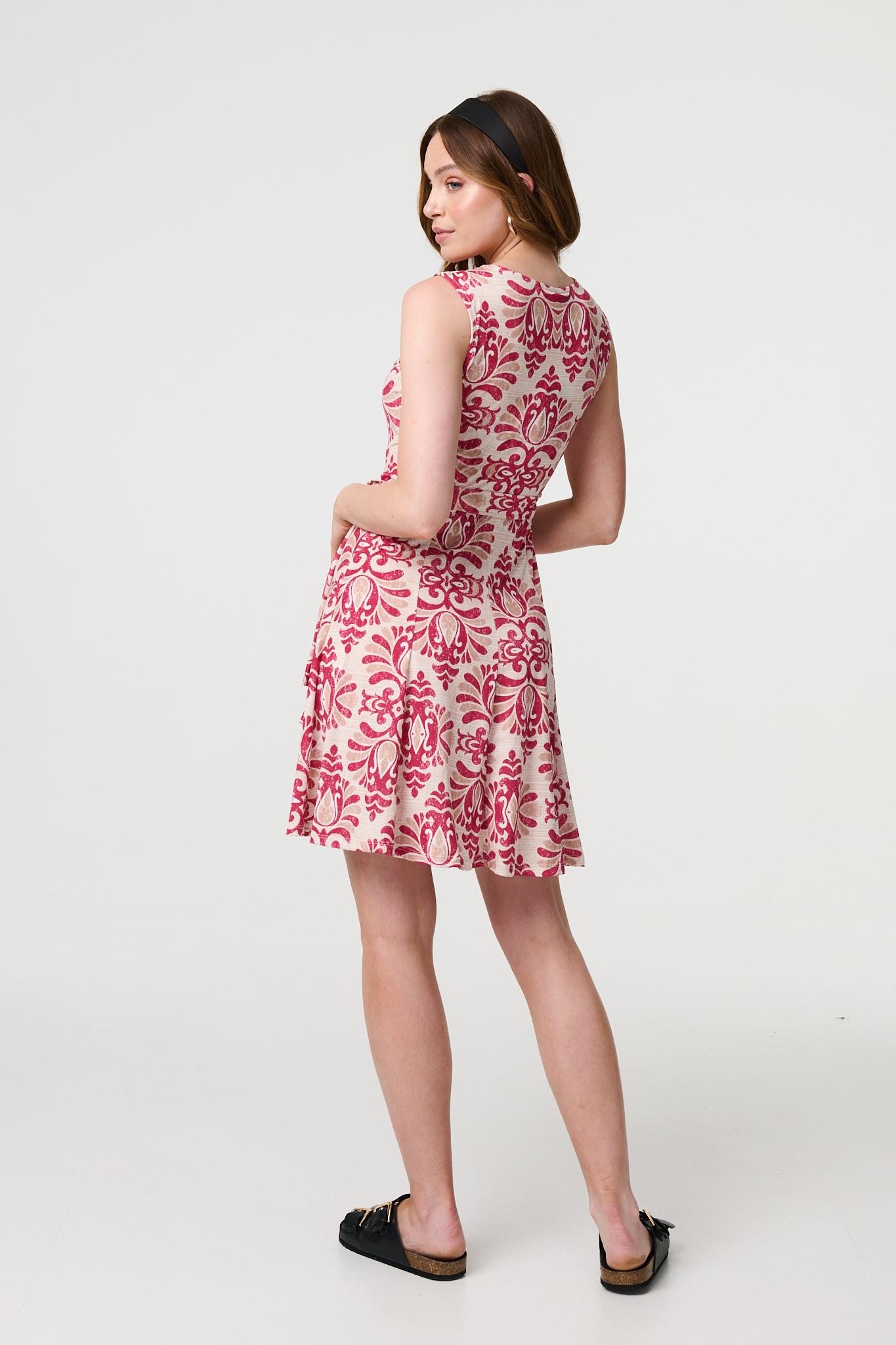 Printed Tie Waist Knee Length Skater Dress Styled View