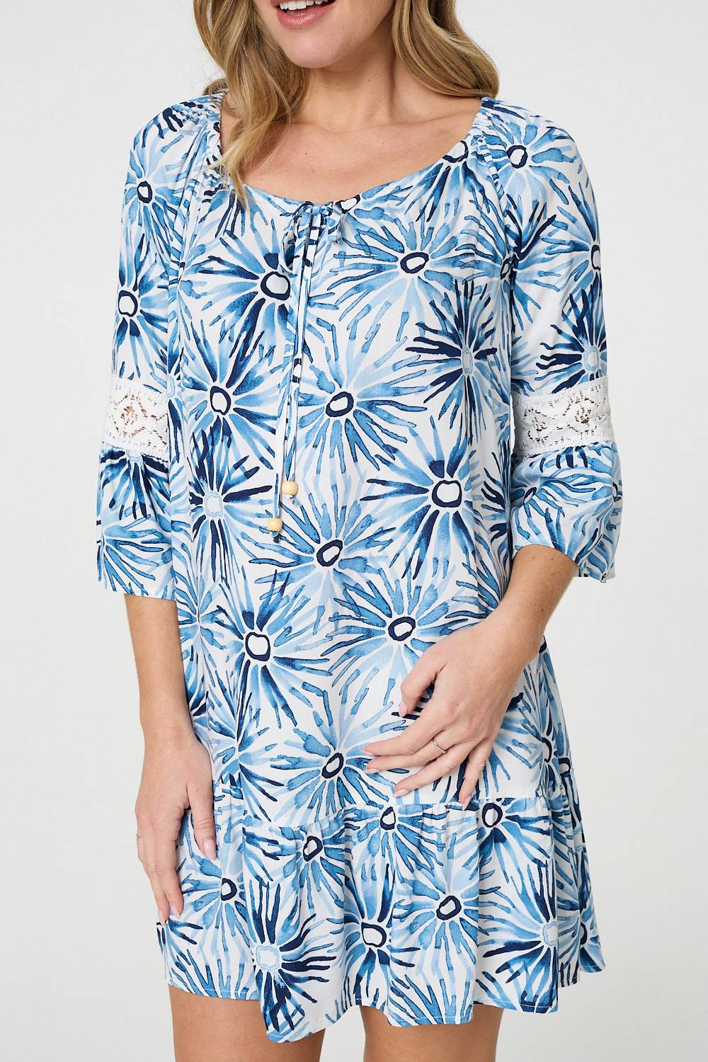 Floral Lace 3/4 Sleeve Short Shift Dress Styled View