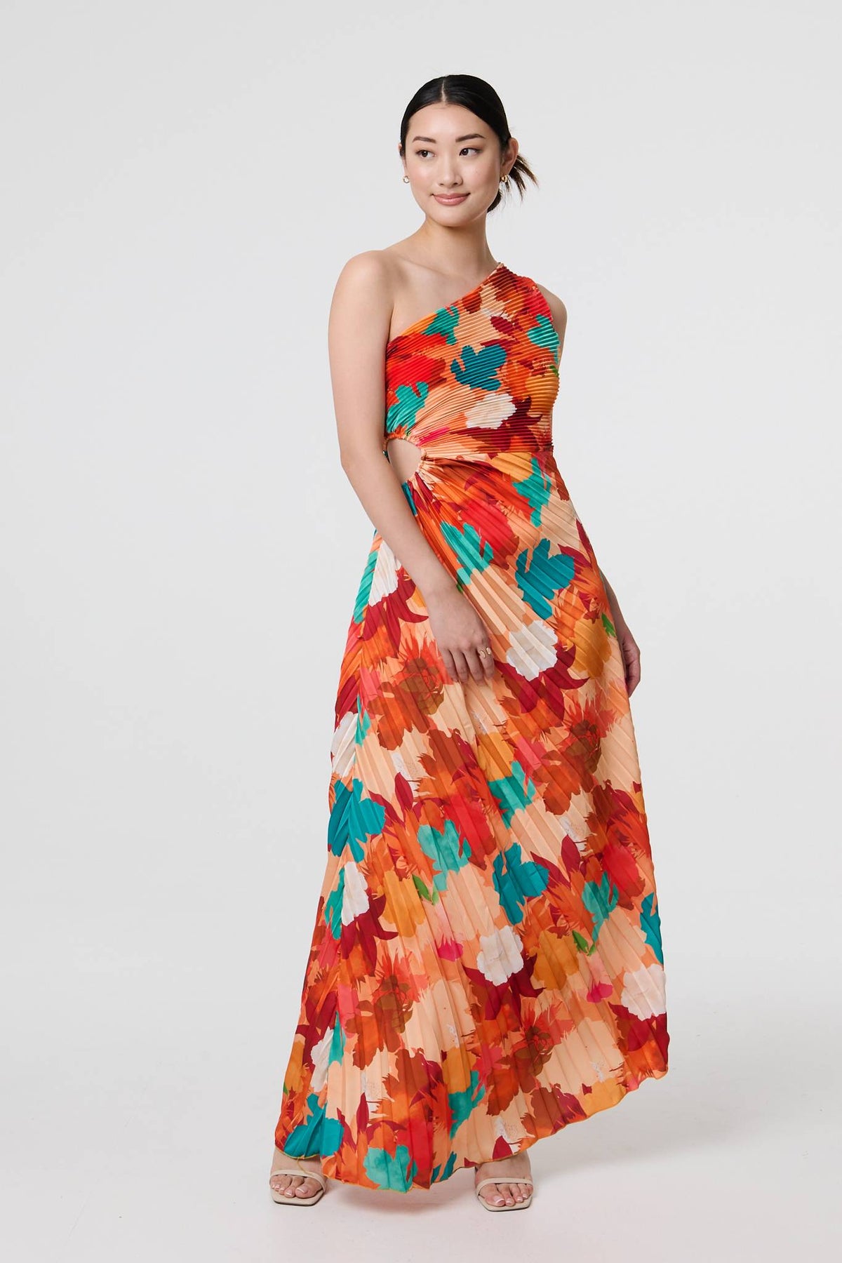 Floral One-Shoulder Pleated Maxi Dress Full Length View