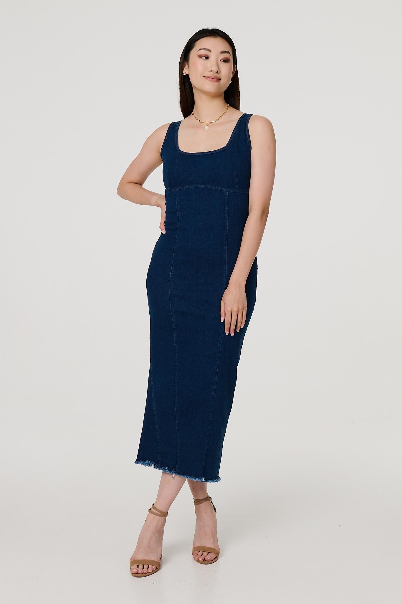 Denim Bodycon Midi Dress Front View 2