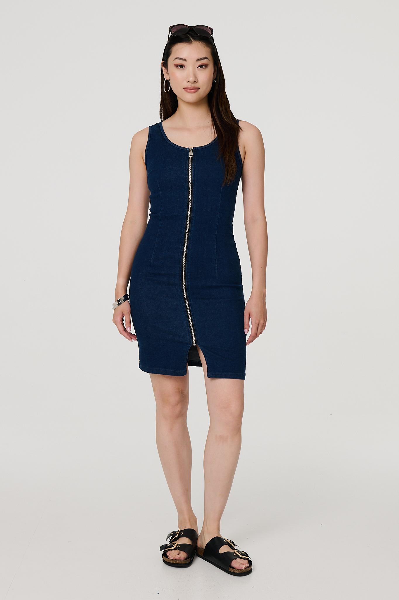 Denim Sleeveless Zip Front Shift Dress Front View 2