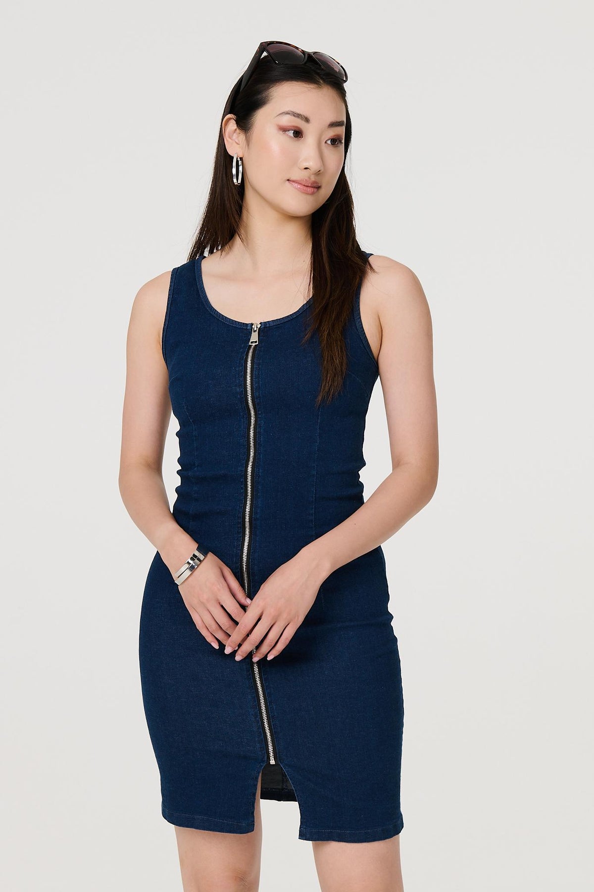 Denim Sleeveless Zip Front Shift Dress Styled View