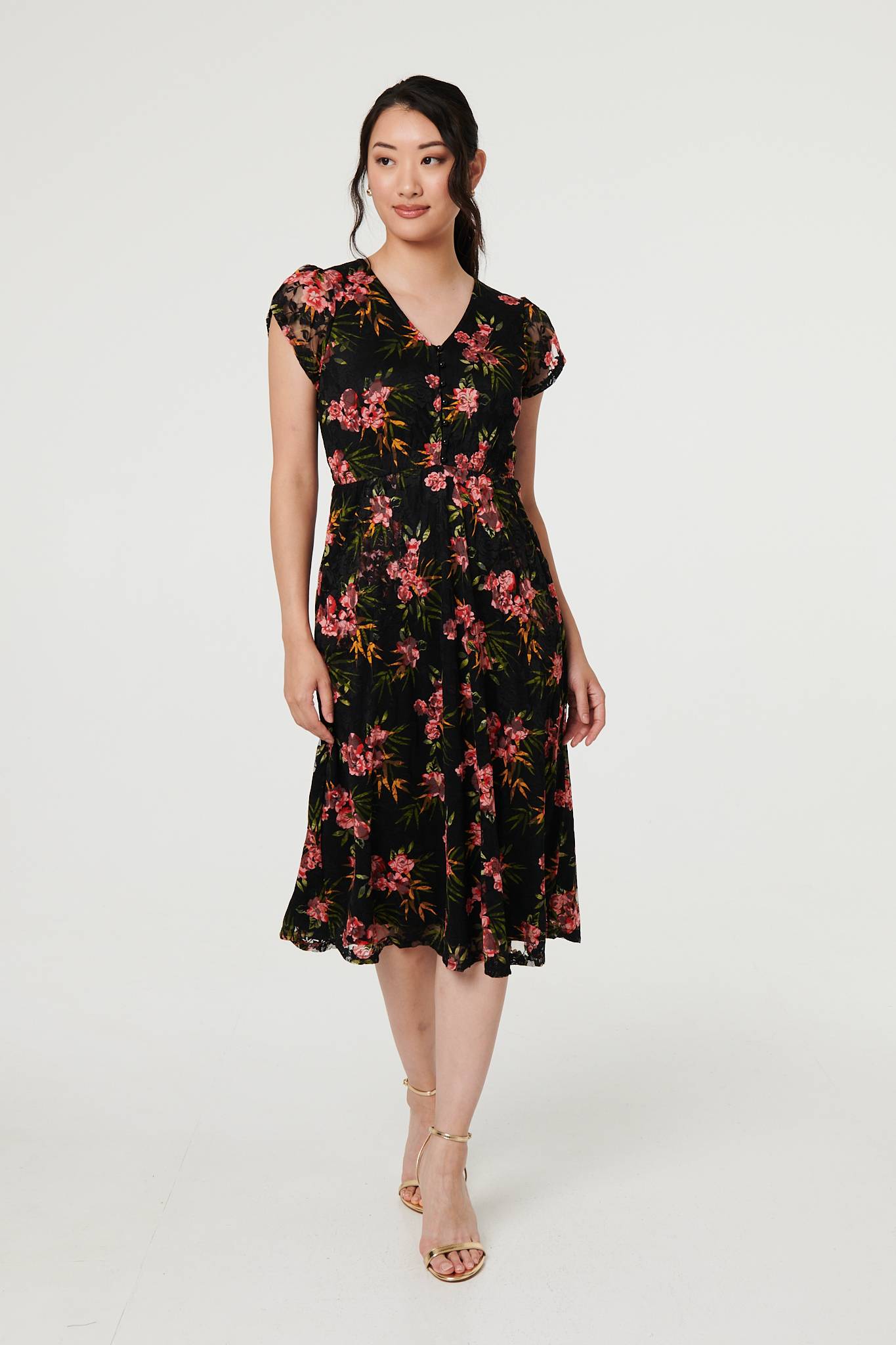 Floral Cap Sleeve Shirred Midi Dress Styled View