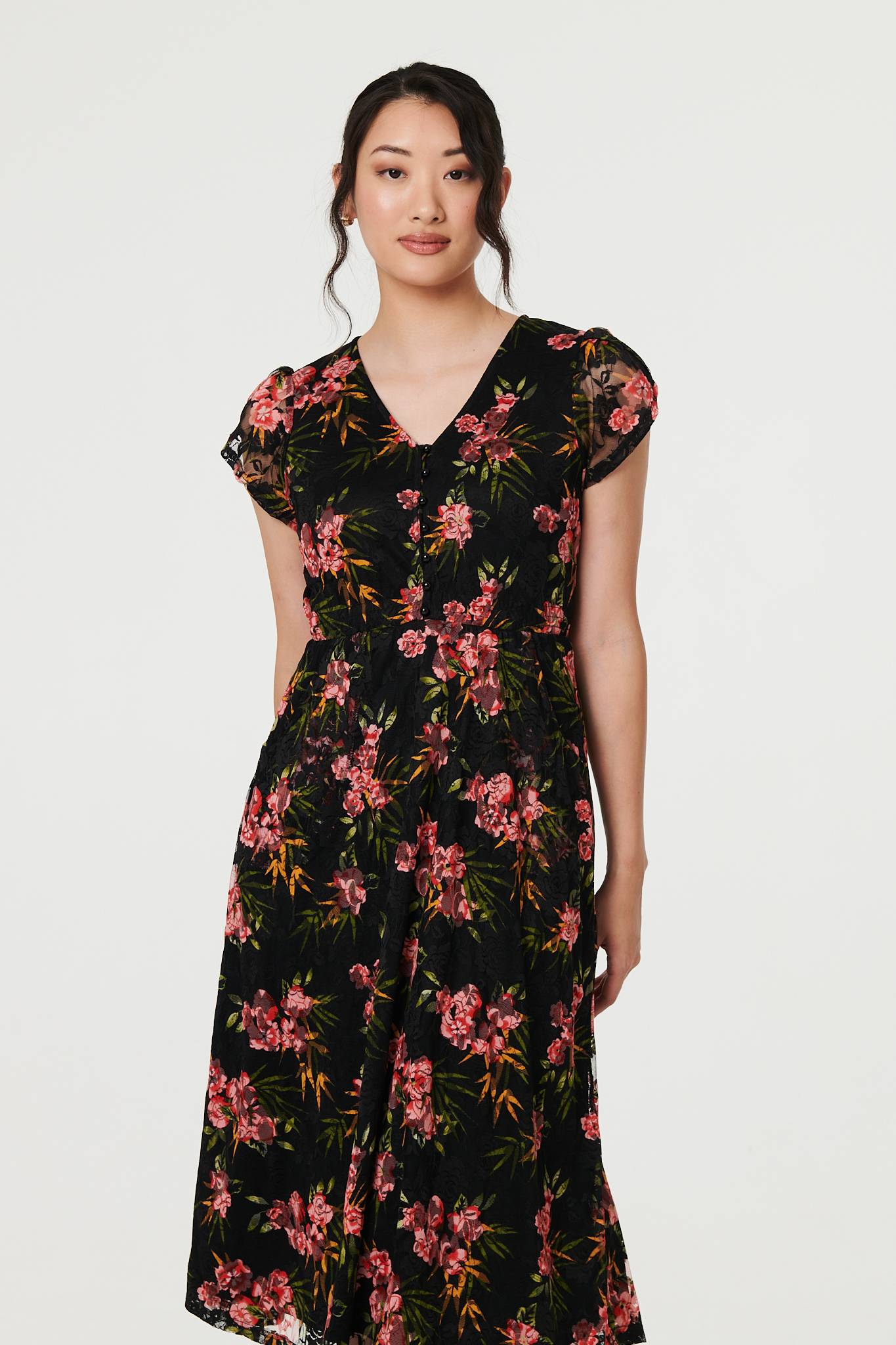 Floral Cap Sleeve Shirred Midi Dress Detail View