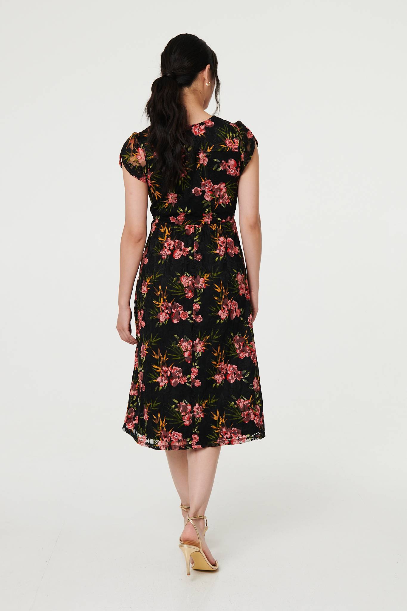 Floral Cap Sleeve Shirred Midi Dress Side View